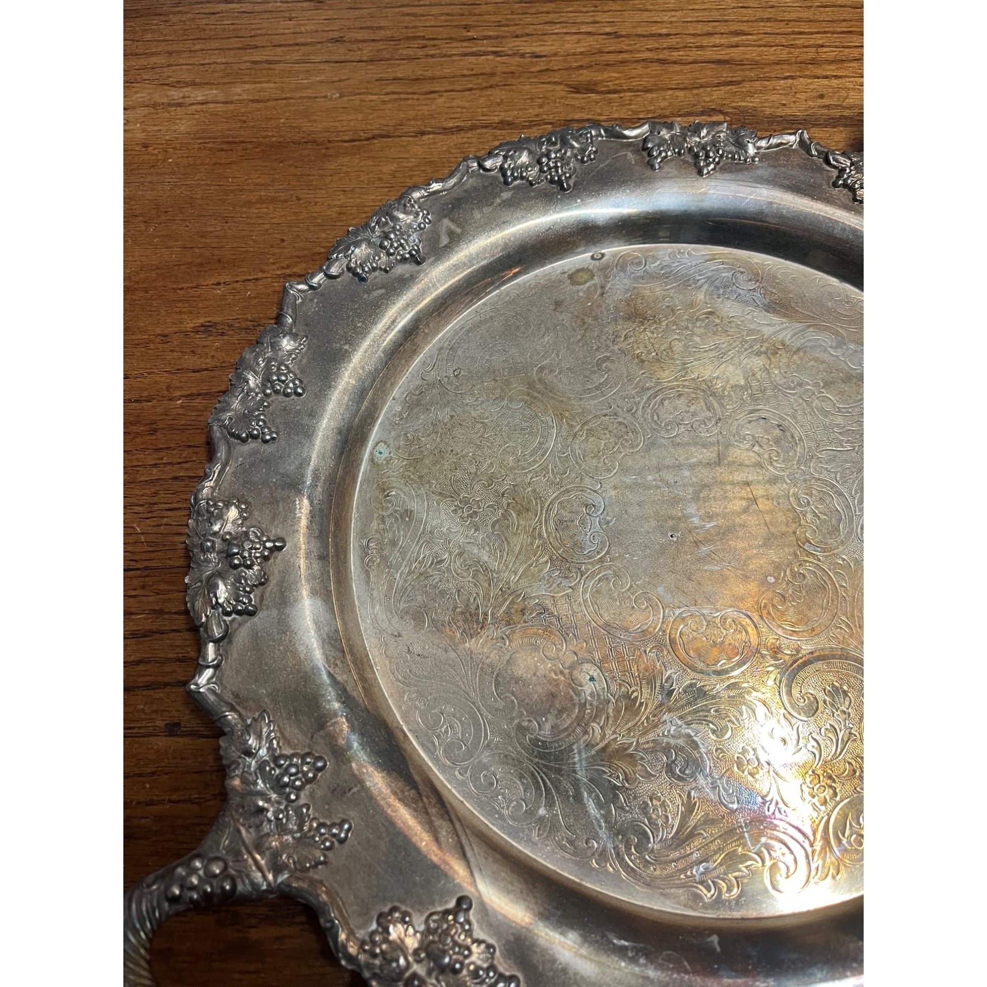 Vintage Crescent Silver Plated 14" Round Serving Tray w/ Handles Grape Vine
