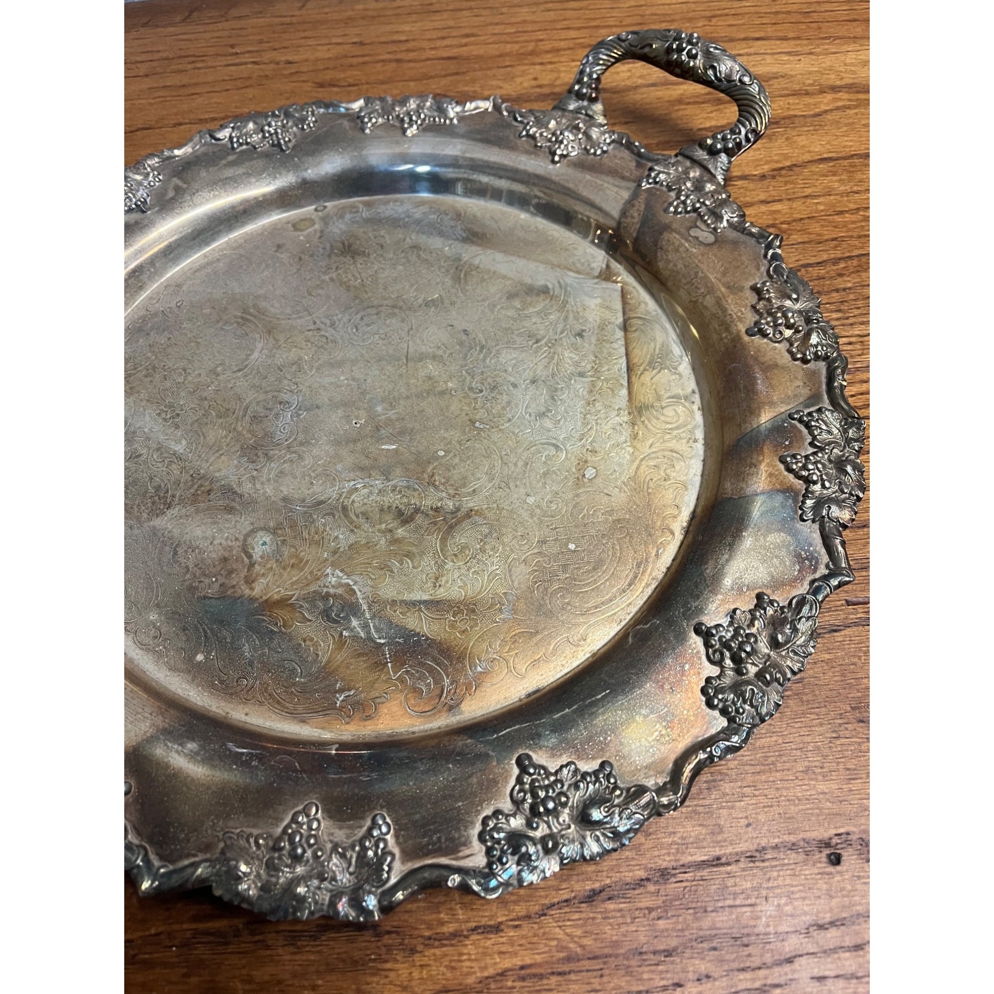 Vintage Crescent Silver Plated 14" Round Serving Tray w/ Handles Grape Vine