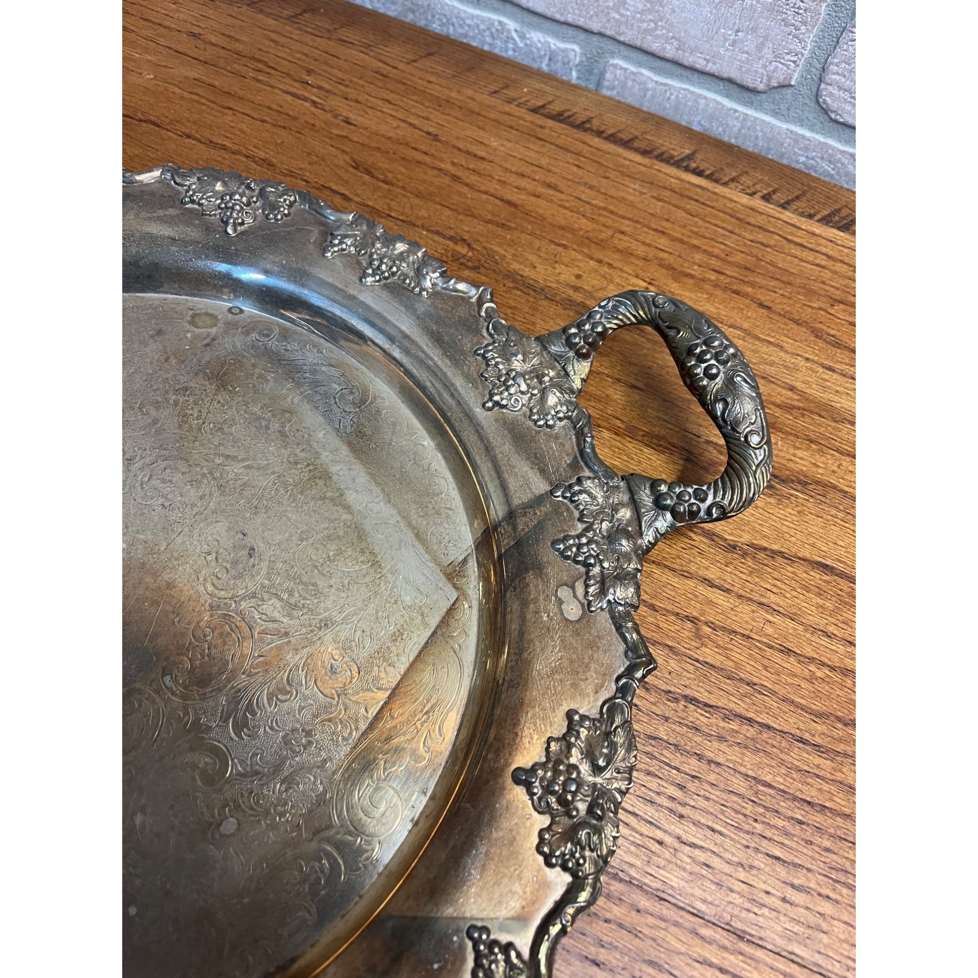 Vintage Crescent Silver Plated 14" Round Serving Tray w/ Handles Grape Vine