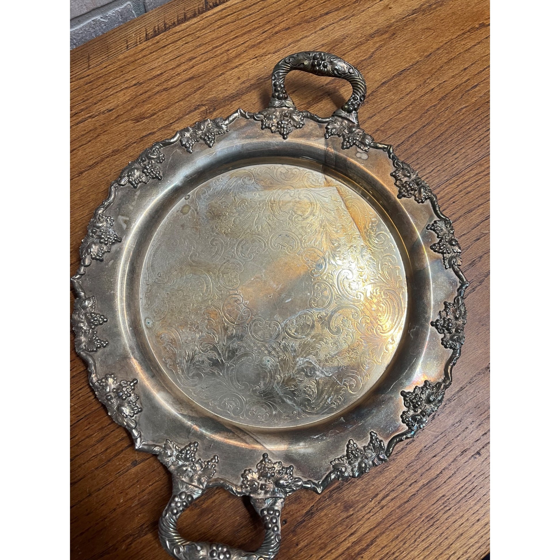Vintage Crescent Silver Plated 14" Round Serving Tray w/ Handles Grape Vine