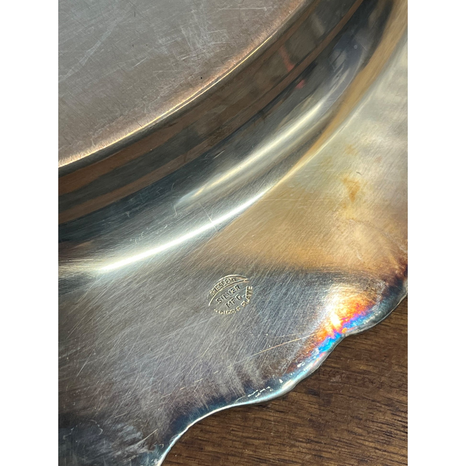 Vintage Crescent Silver Plated 14" Round Serving Tray w/ Handles Grape Vine