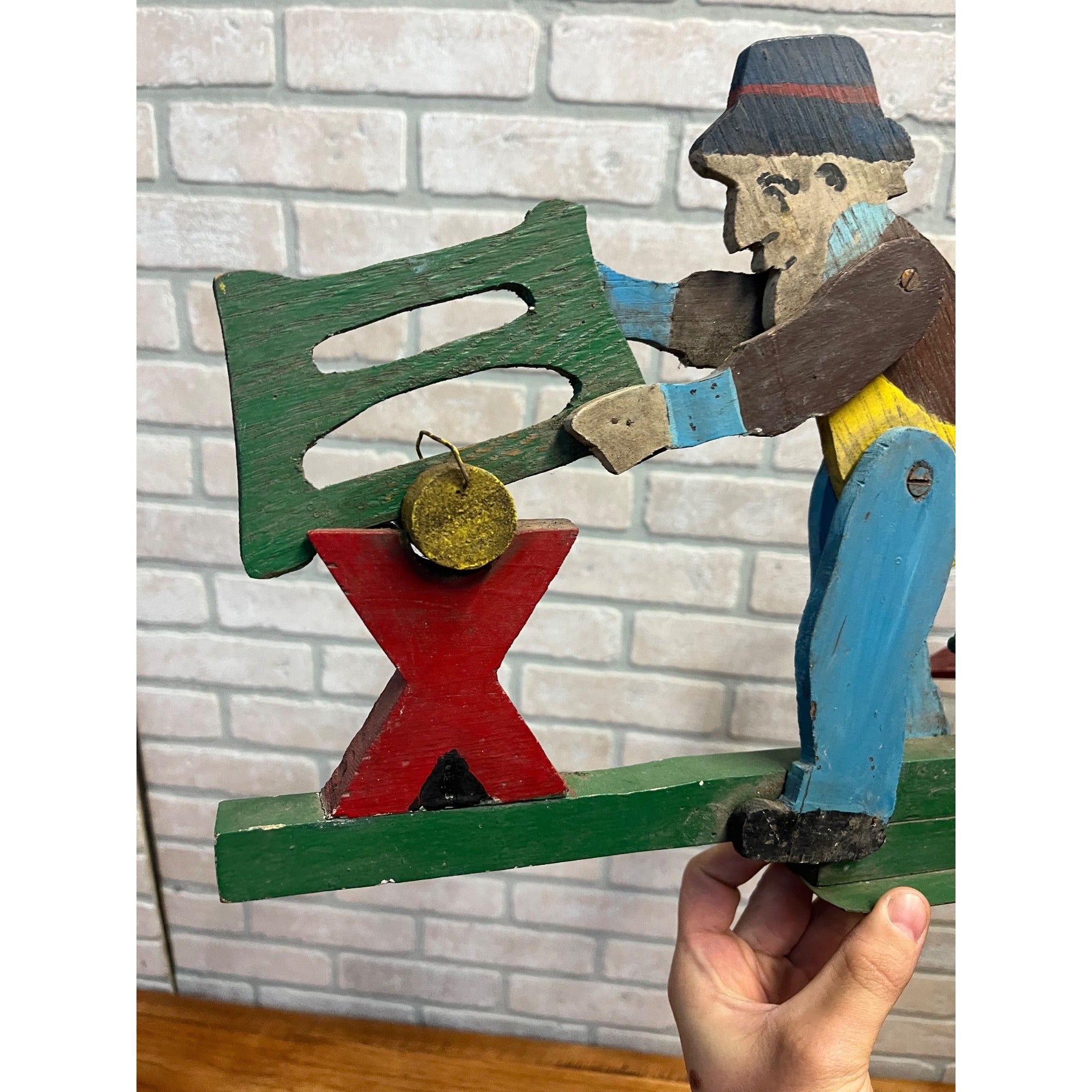 Original Whirligig Man Sawing Log Folk Art Americana Whirlygig Primitive Farmhouse Decor