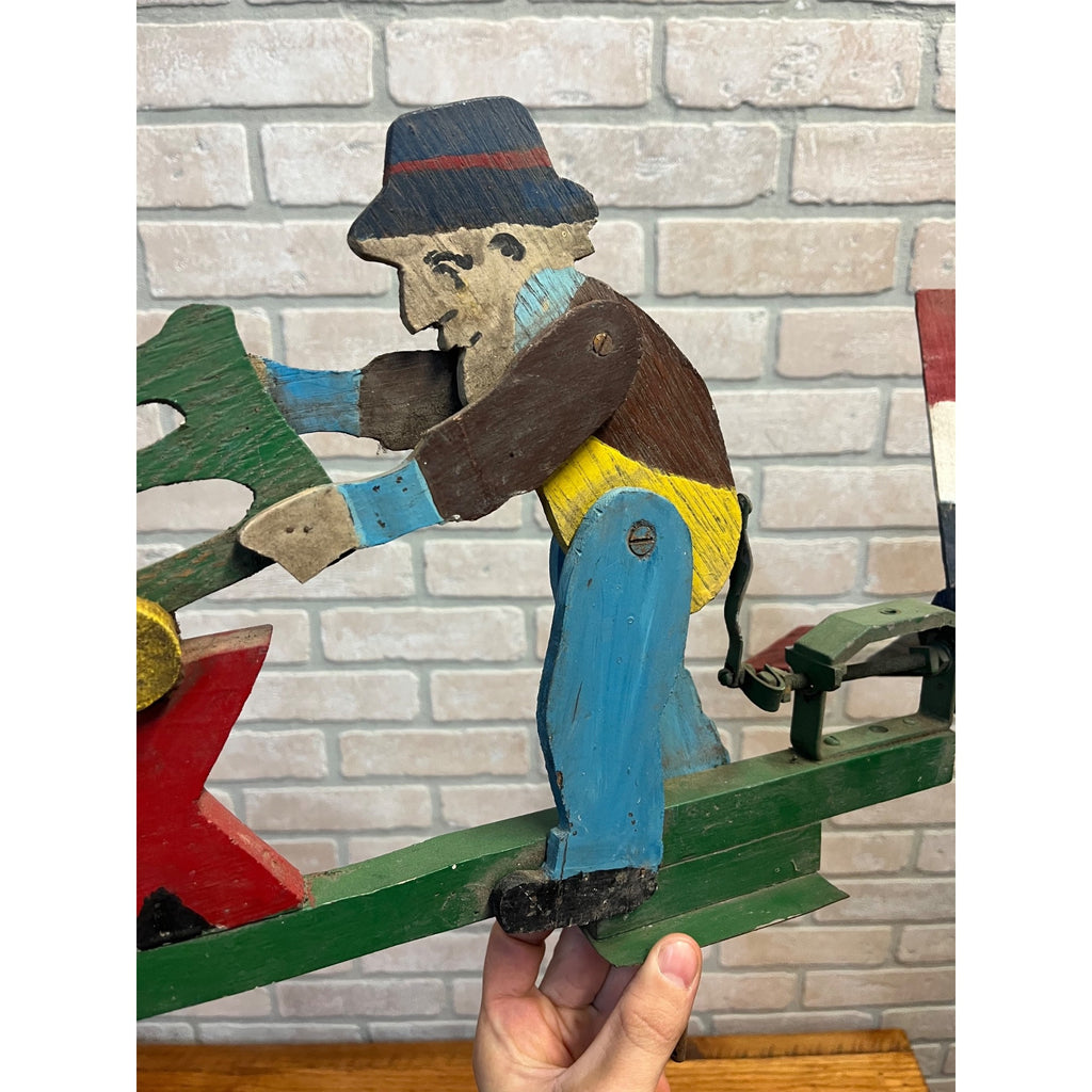 Original Whirligig Man Sawing Log Folk Art Americana Whirlygig Primitive Farmhouse Decor