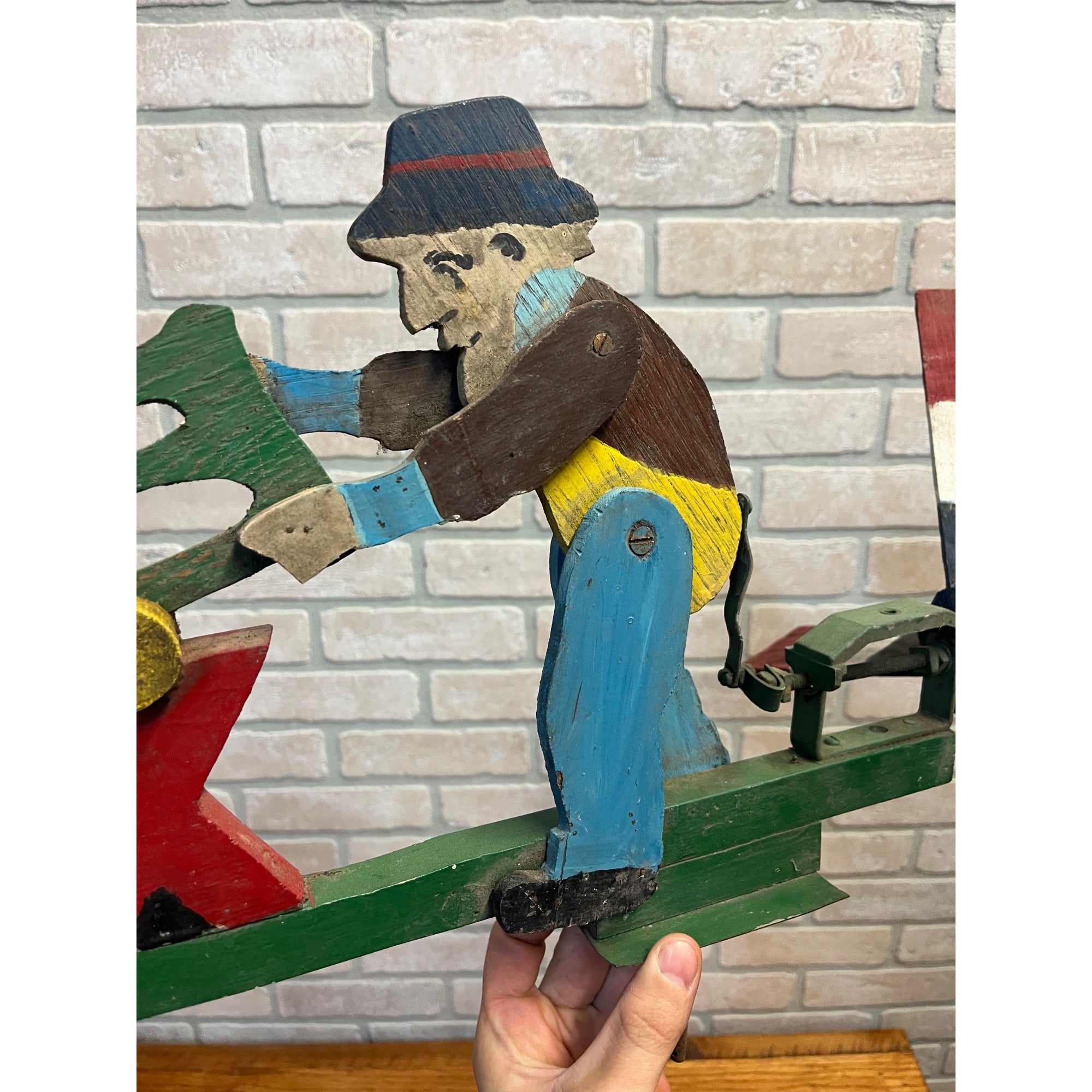 Original Whirligig Man Sawing Log Folk Art Americana Whirlygig Primitive Farmhouse Decor