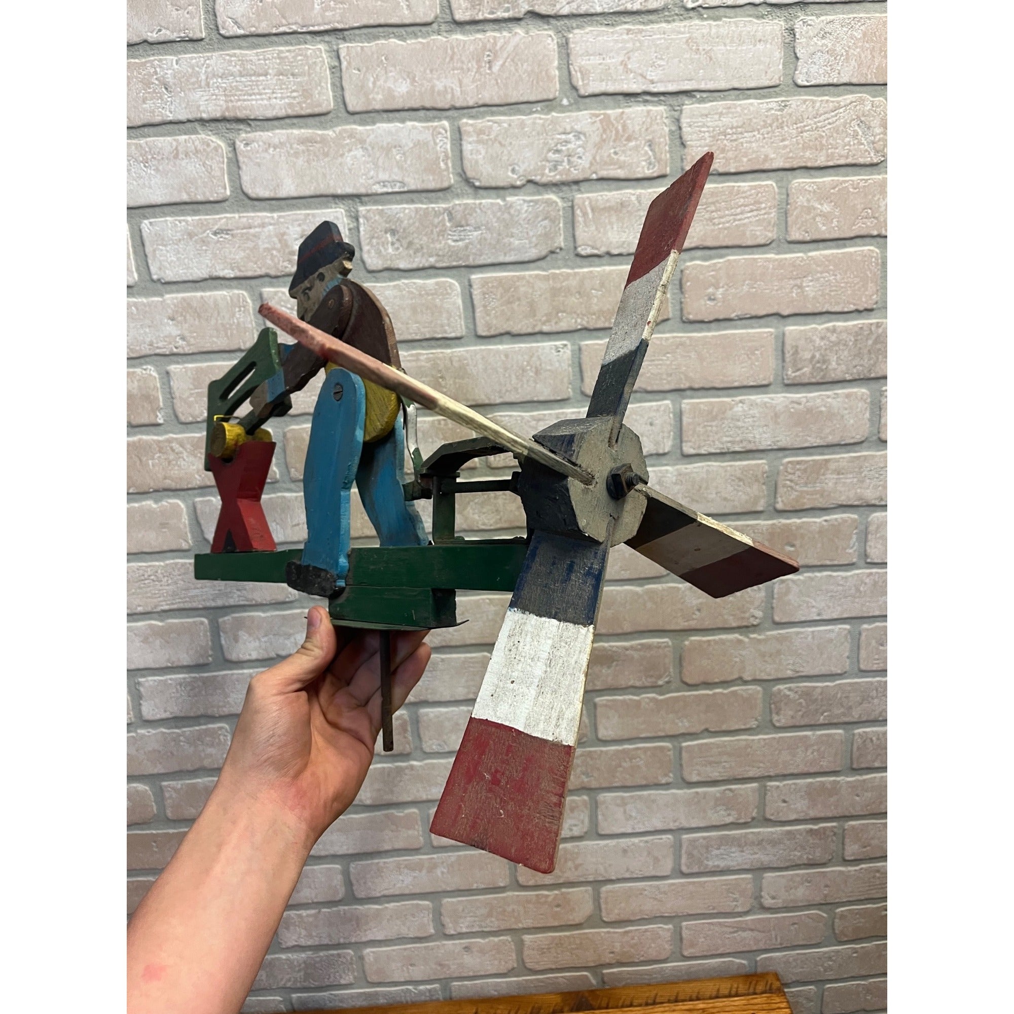 Original Whirligig Man Sawing Log Folk Art Americana Whirlygig Primitive Farmhouse Decor