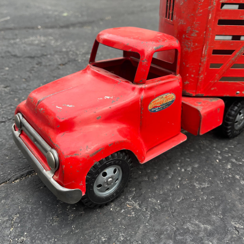 Vintage Tonka Farms Livestock Red Truck Hauler Pressed Steel Toy