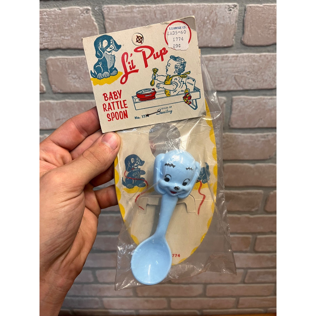 Vintage 1960s Baby Boy Plastic Rattle Crib Toy Lil Pup Dog Sanitoy NEW SEALED