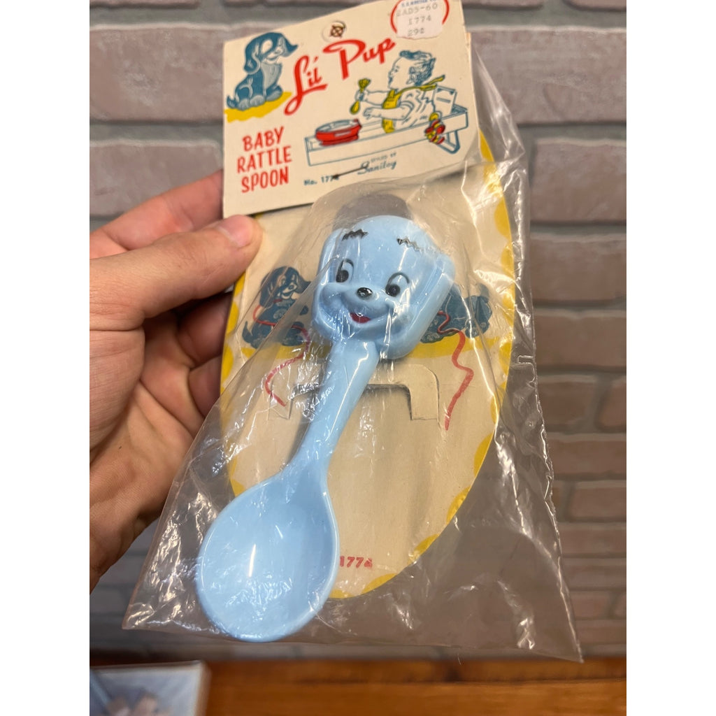 Vintage 1960s Baby Boy Plastic Rattle Crib Toy Lil Pup Dog Sanitoy NEW SEALED