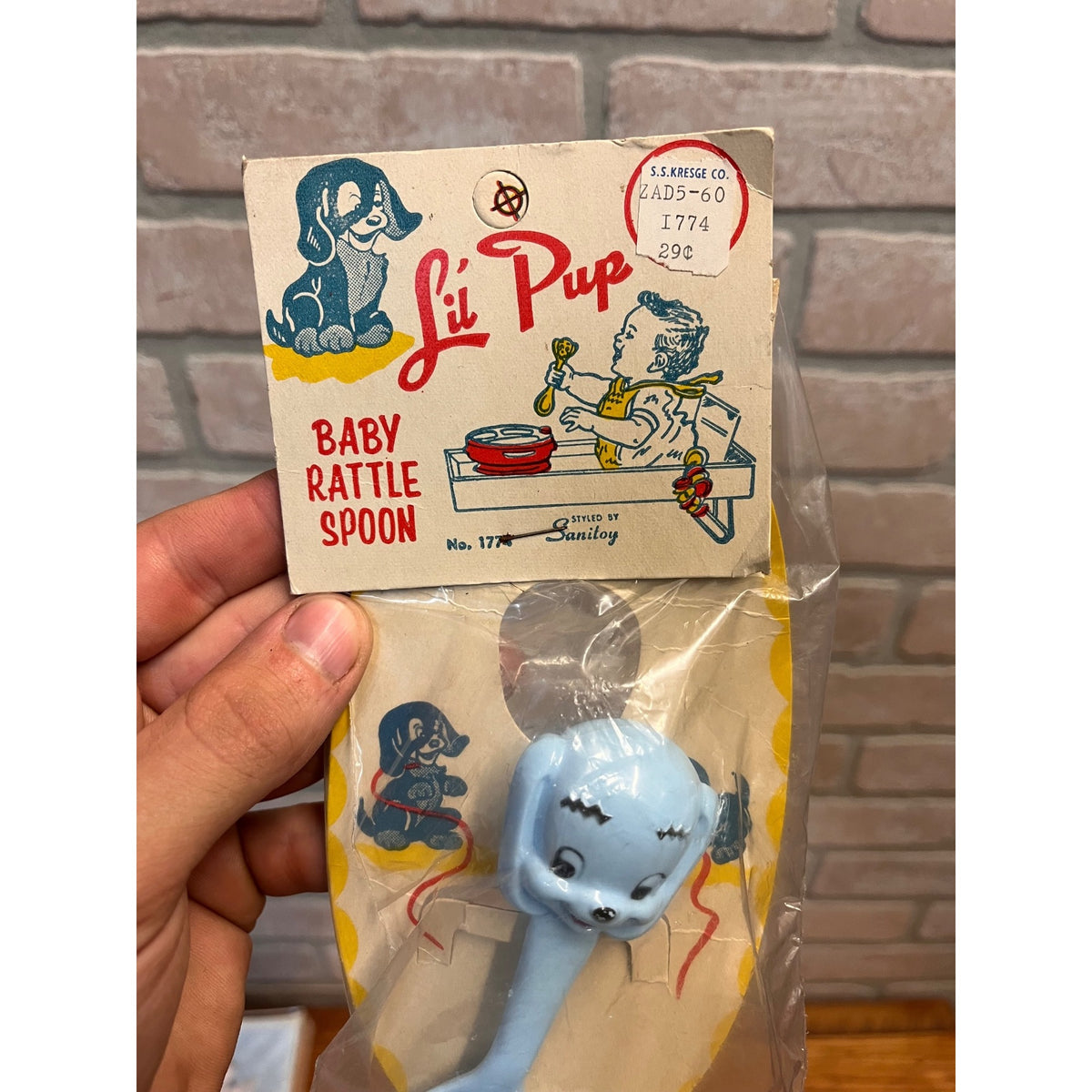 Vintage 1960s Baby Boy Plastic Rattle Crib Toy Lil Pup Dog Sanitoy NEW SEALED