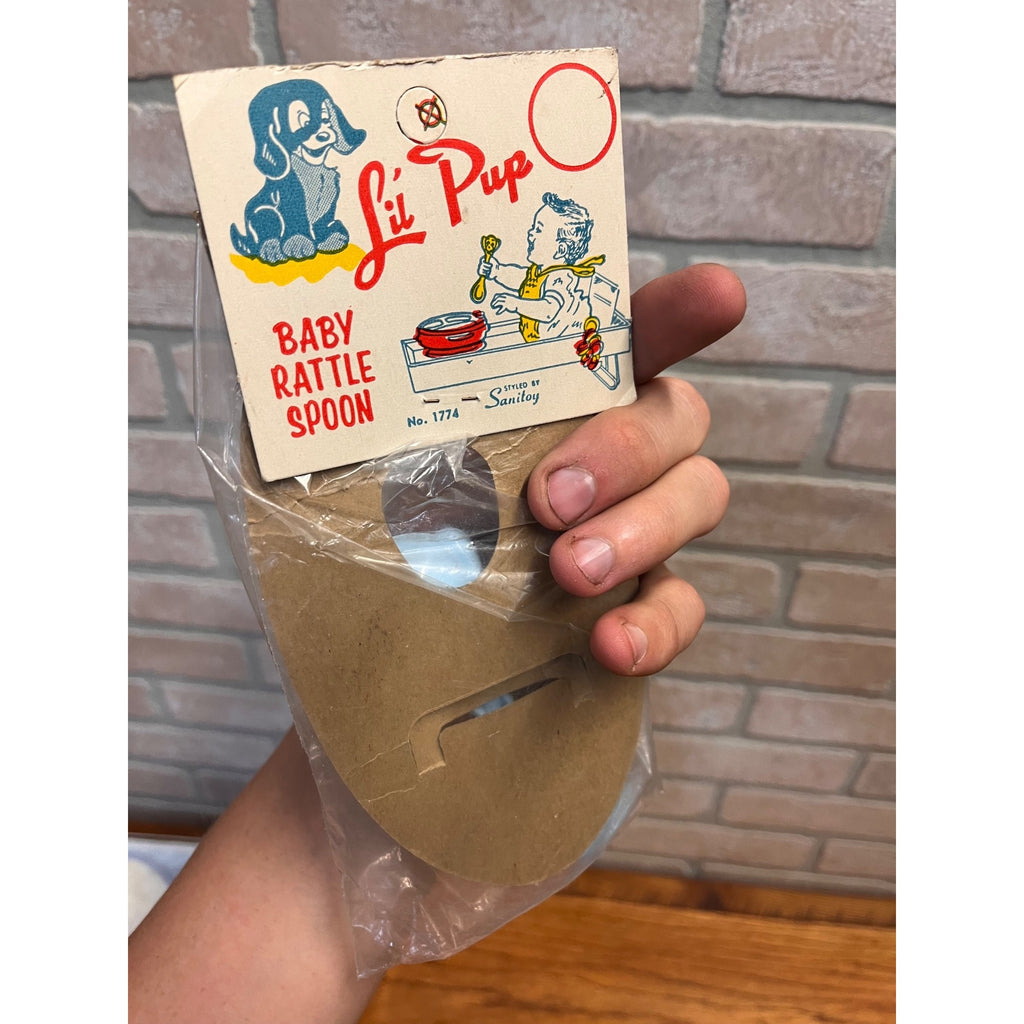 Vintage 1960s Baby Boy Plastic Rattle Crib Toy Lil Pup Dog Sanitoy NEW SEALED