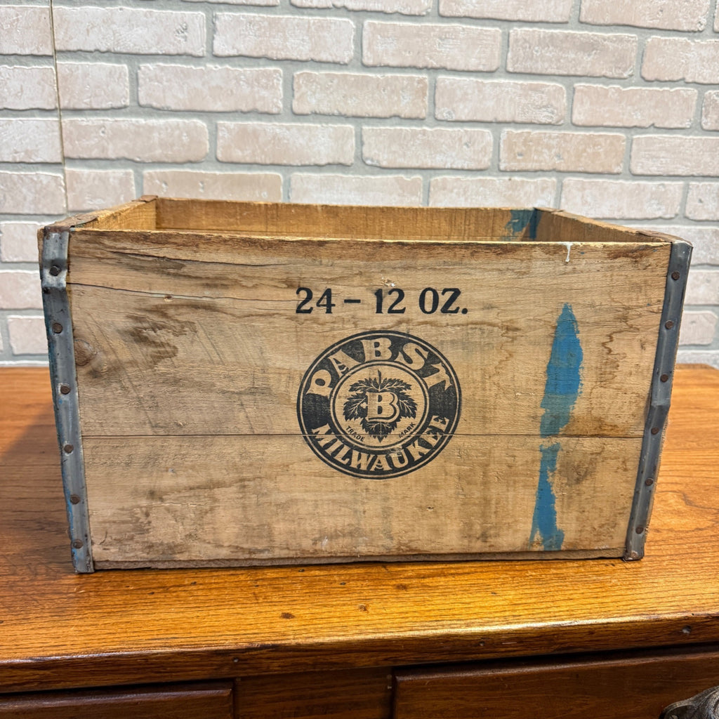 Vintage Wooden Pabst 24 Count (12-Oz) Bottle Crate With Handles and Metal Edge Strapping Milwaukee, WI
