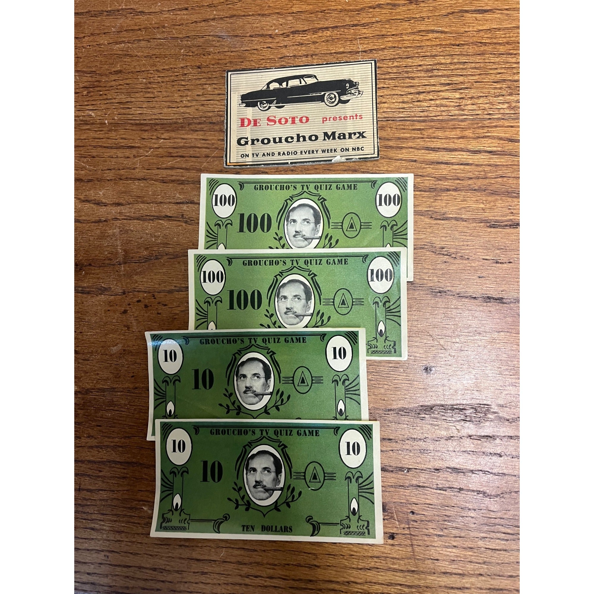 Vintage Groucho's TV Quiz Game - 4 Play Money Bills - 10 & 100 - DeSoto Promo