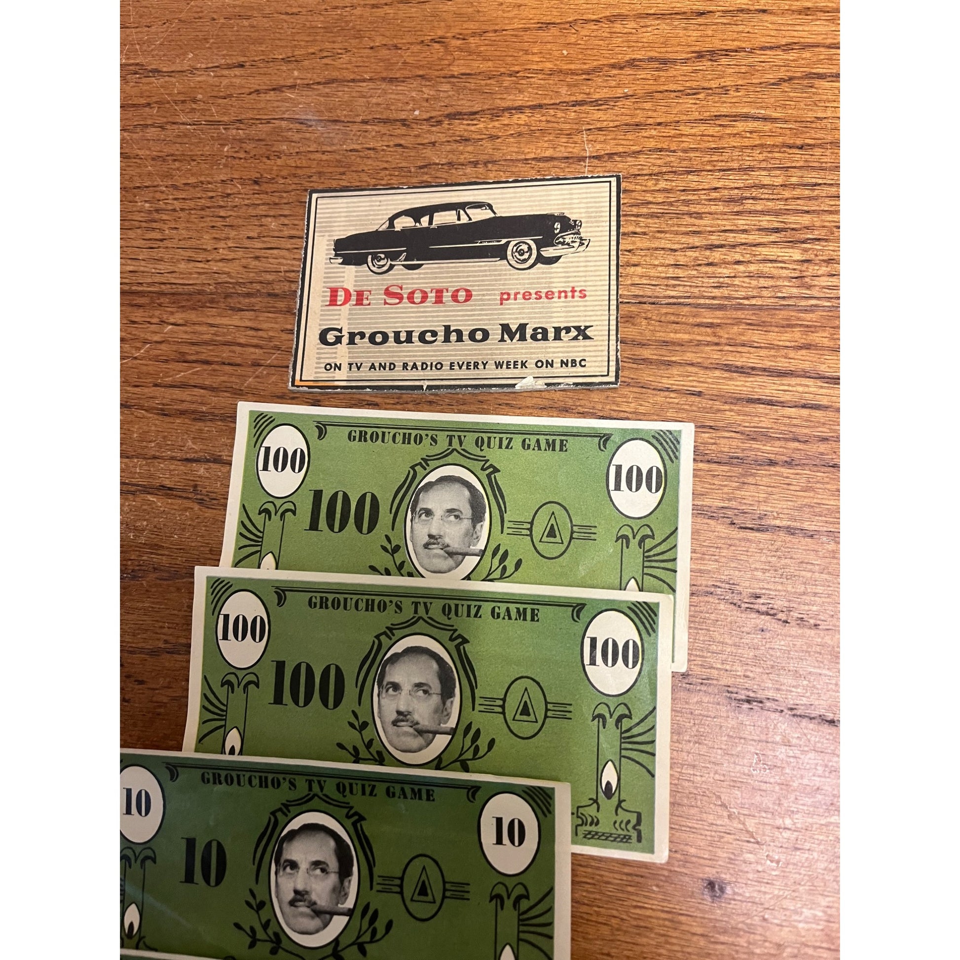 Vintage Groucho's TV Quiz Game - 4 Play Money Bills - 10 & 100 - DeSoto Promo