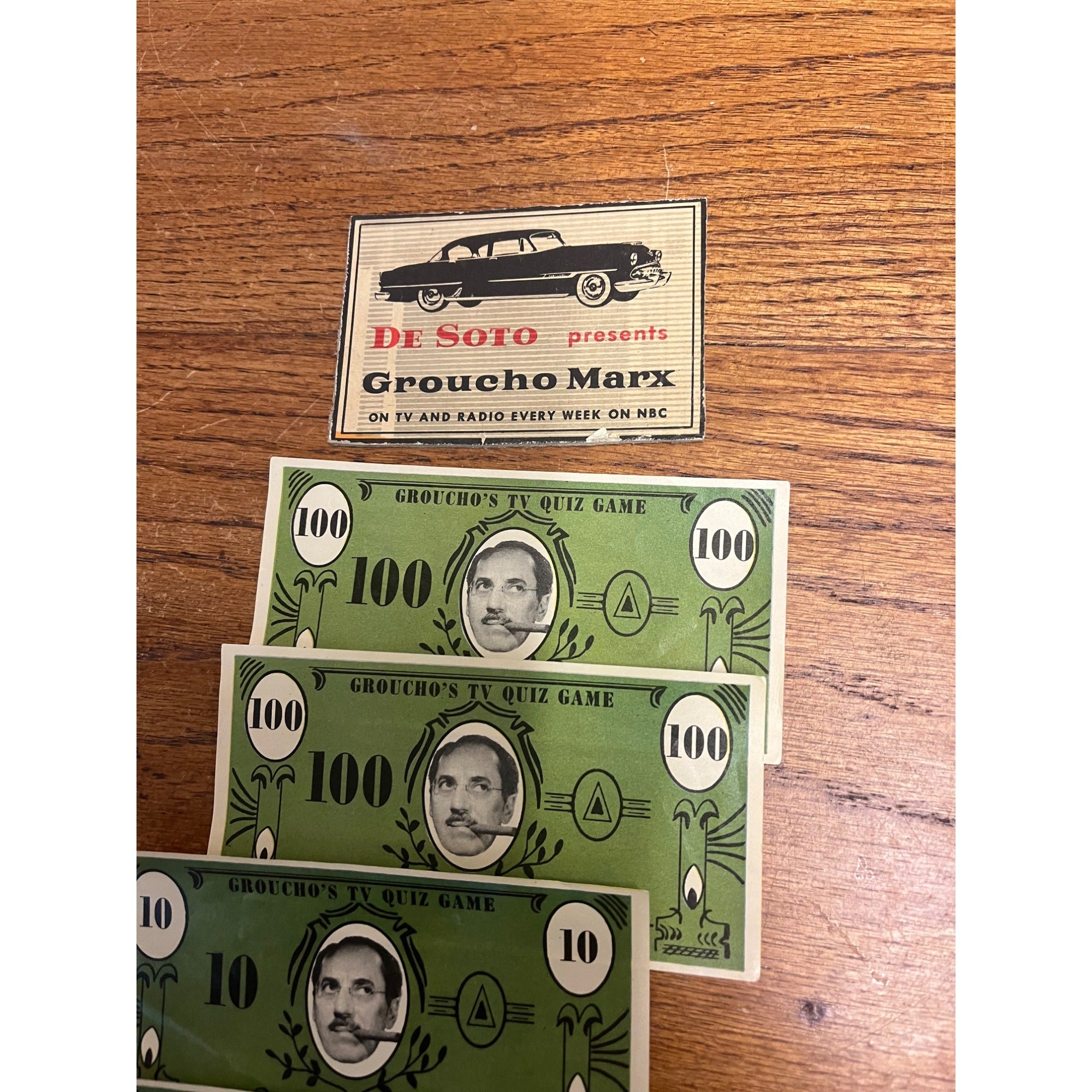 Vintage Groucho's TV Quiz Game - 4 Play Money Bills - 10 & 100 - DeSoto Promo
