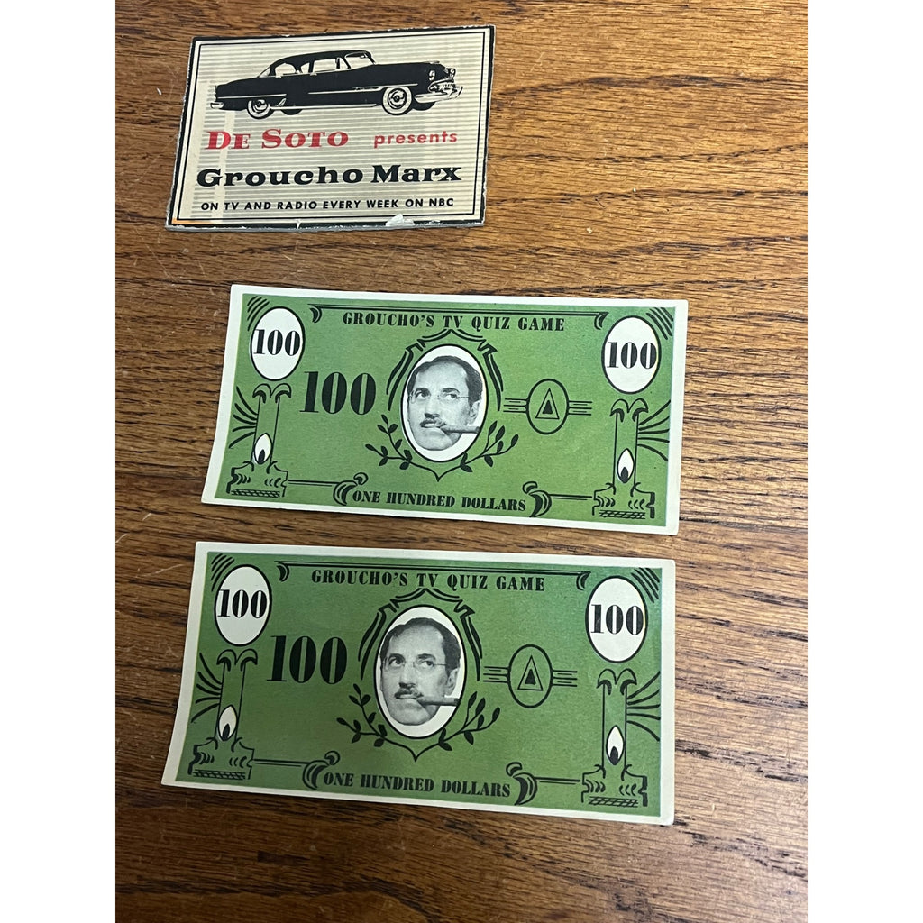 Vintage Groucho's TV Quiz Game - 4 Play Money Bills - 10 & 100 - DeSoto Promo