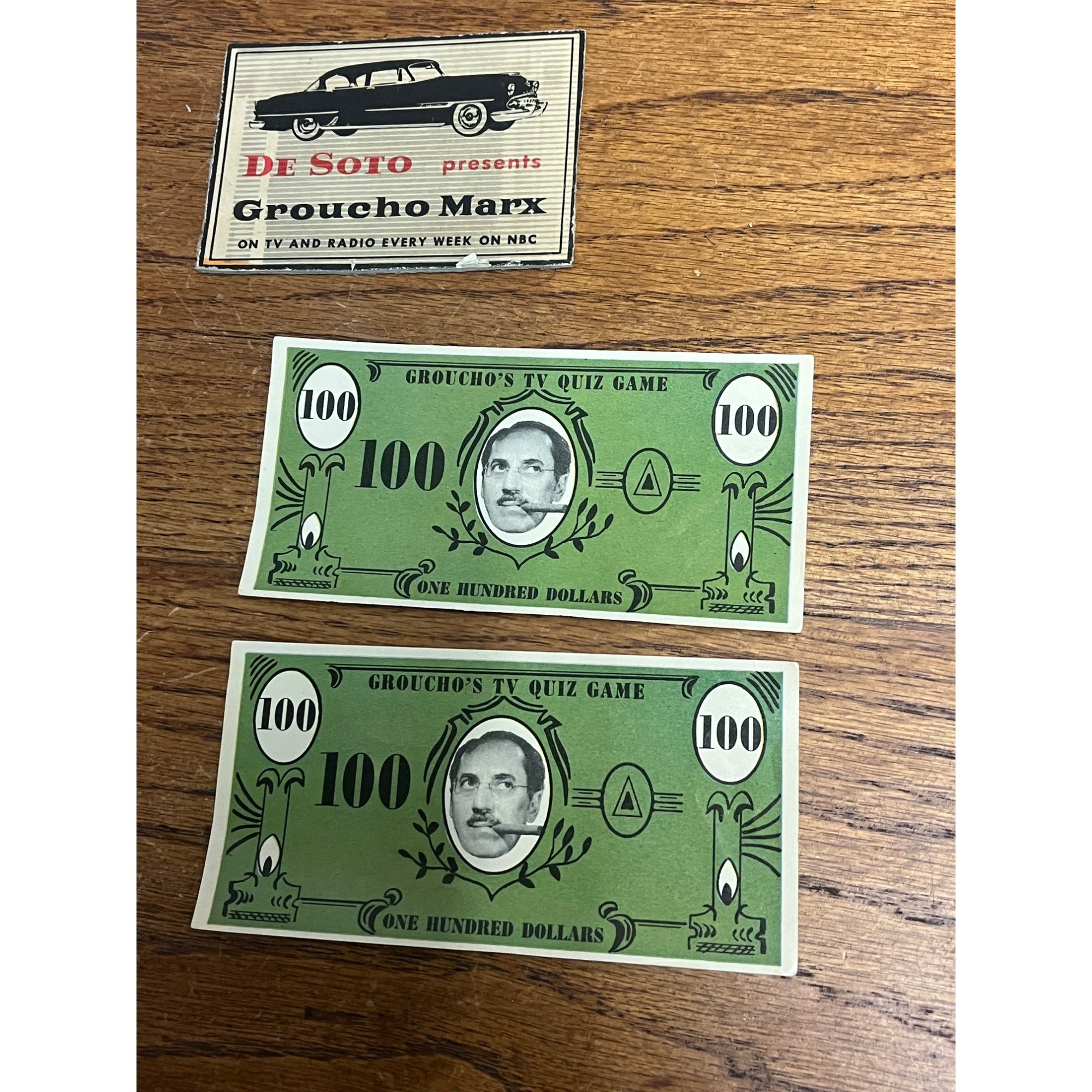 Vintage Groucho's TV Quiz Game - 4 Play Money Bills - 10 & 100 - DeSoto Promo