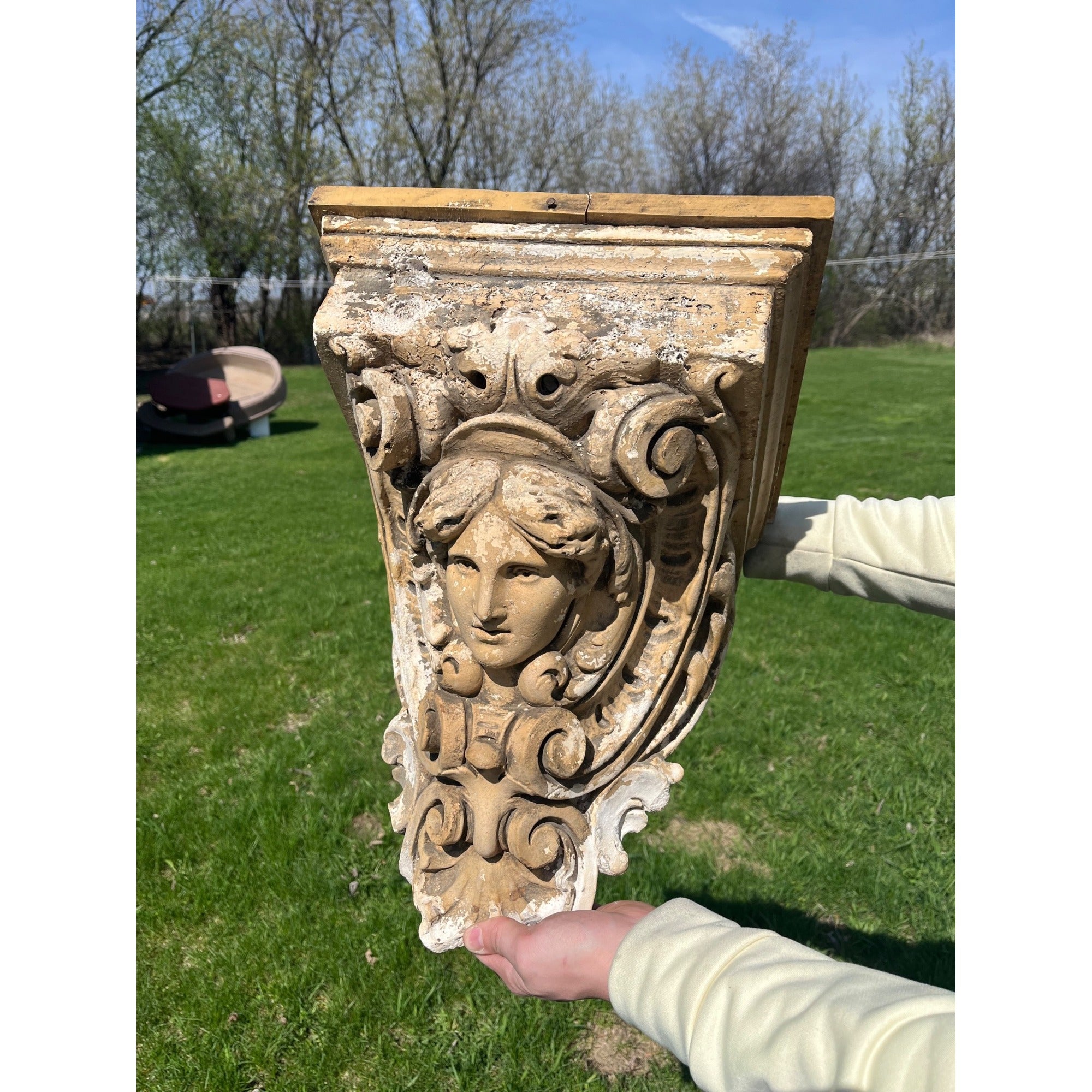 Antique Neoclassical Plaster Corbel w/ Female Bust Architectural Salvage