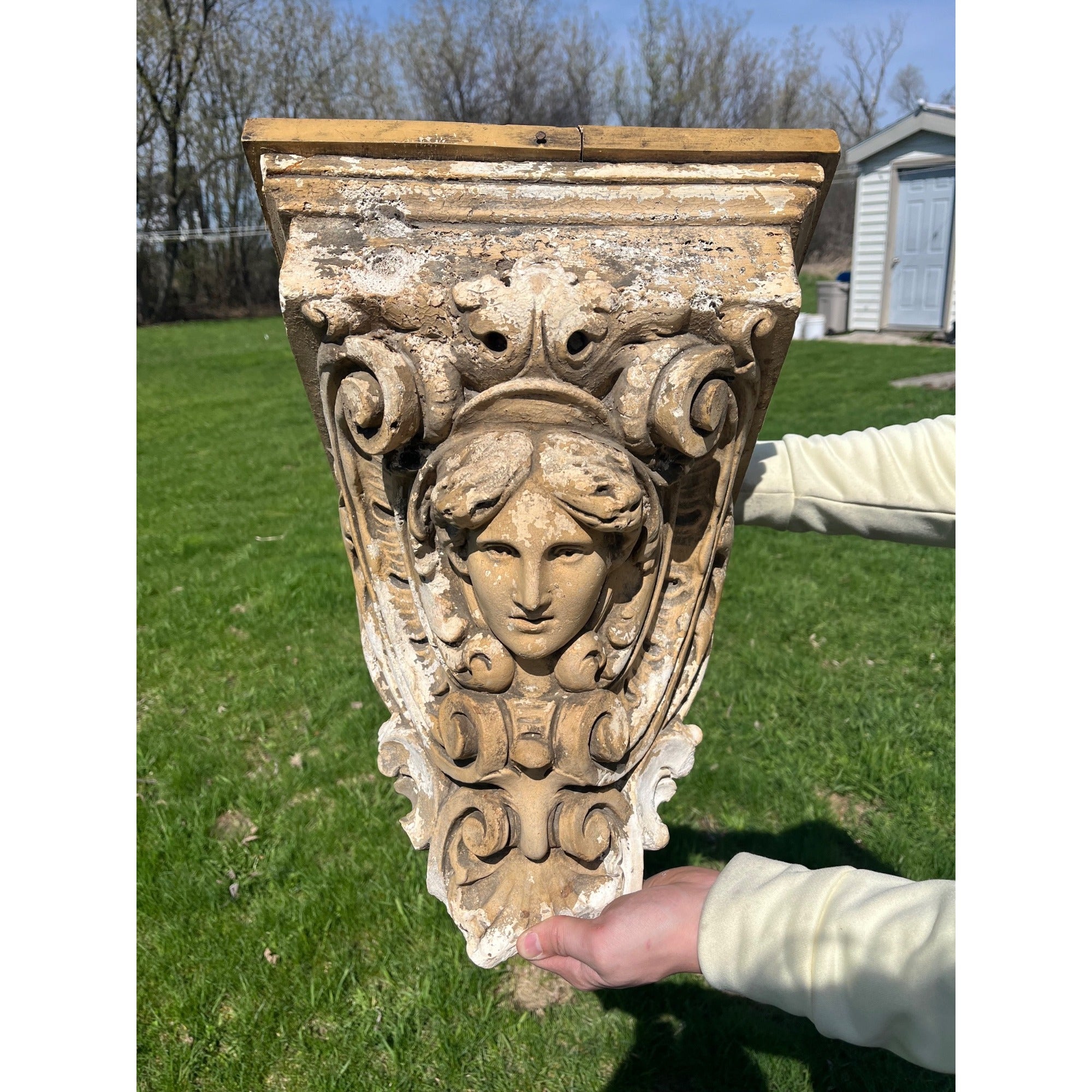 Antique Neoclassical Plaster Corbel w/ Female Bust Architectural Salvage
