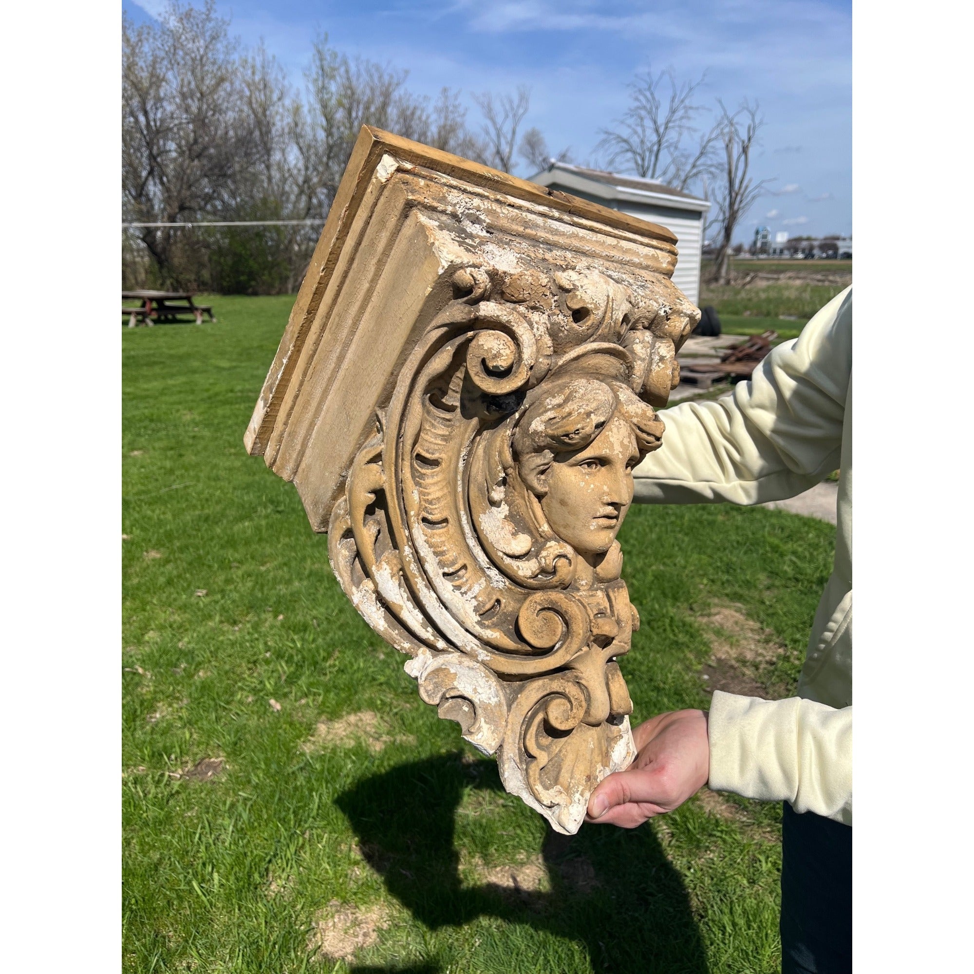 Antique Neoclassical Plaster Corbel w/ Female Bust Architectural Salvage