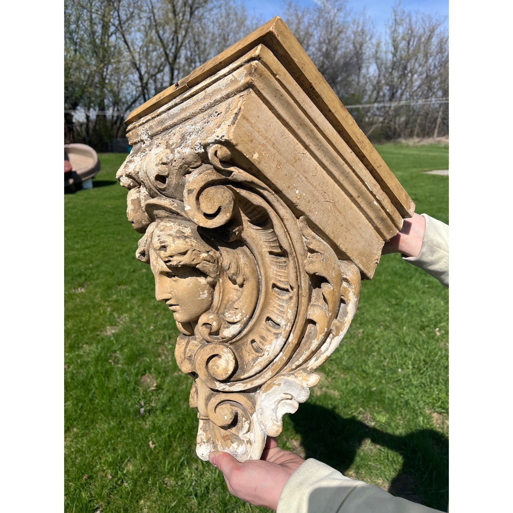 Antique Neoclassical Plaster Corbel w/ Female Bust Architectural Salvage