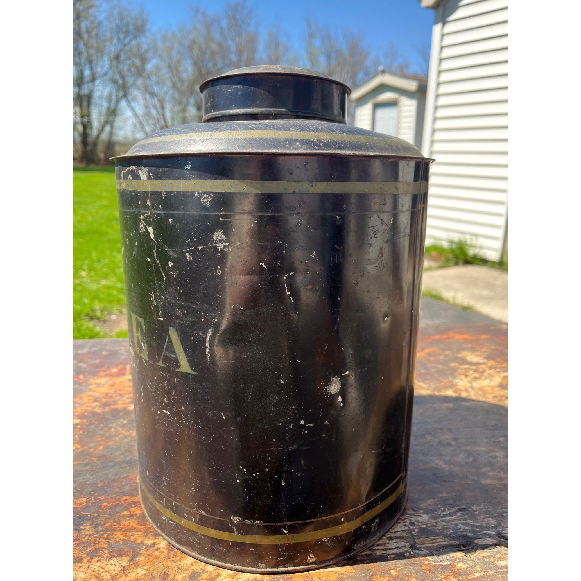 Vintage Early 1900s "Tea" Tin Can Canister Country General Store Large Advertising