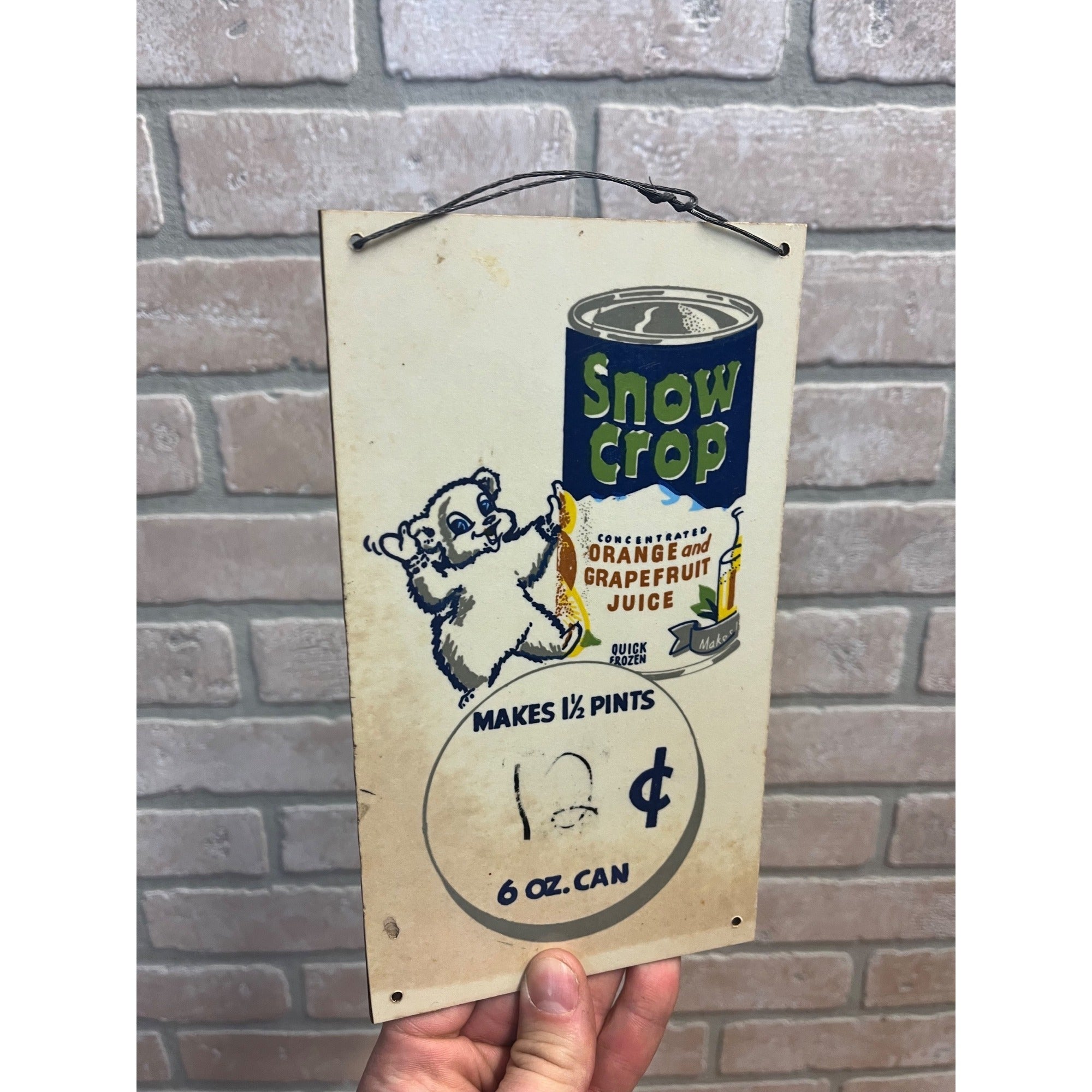 Vintage 1940s Snow Crop Frozen Juice Masonite Advertising Sign Grocery Store