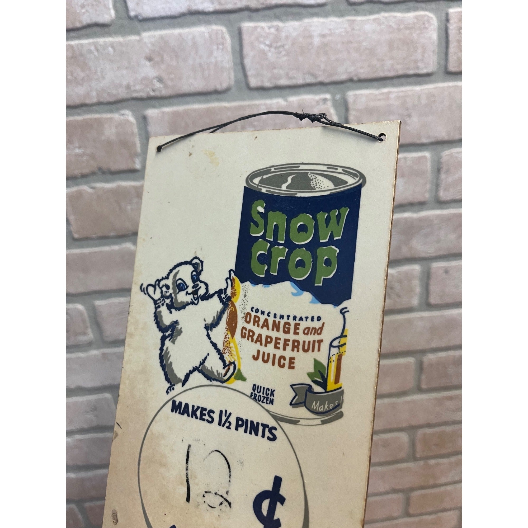 Vintage 1940s Snow Crop Frozen Juice Masonite Advertising Sign Grocery Store