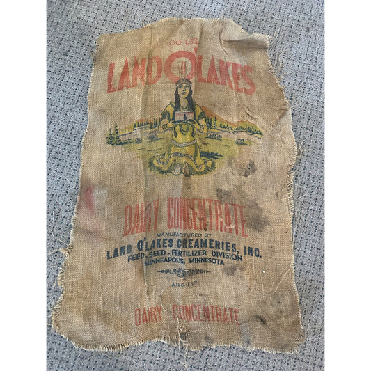 Vintage Land O Lakes Dairy Burlap Farm Feed Bag Sack Advertising Indian Sign