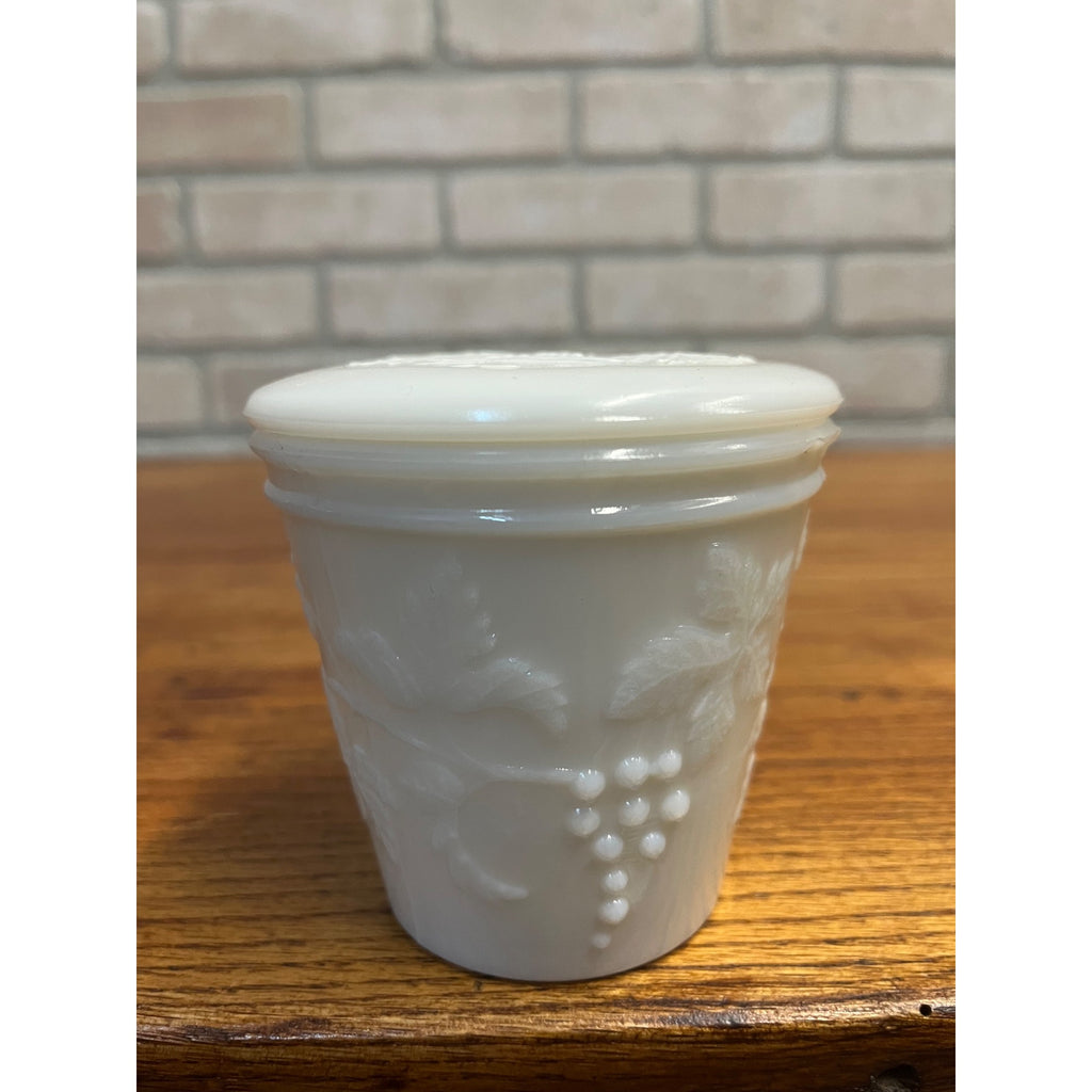 Vintage Milk Glass Embossed Grape Pattern Covered  Mustard Jar w/ Lid