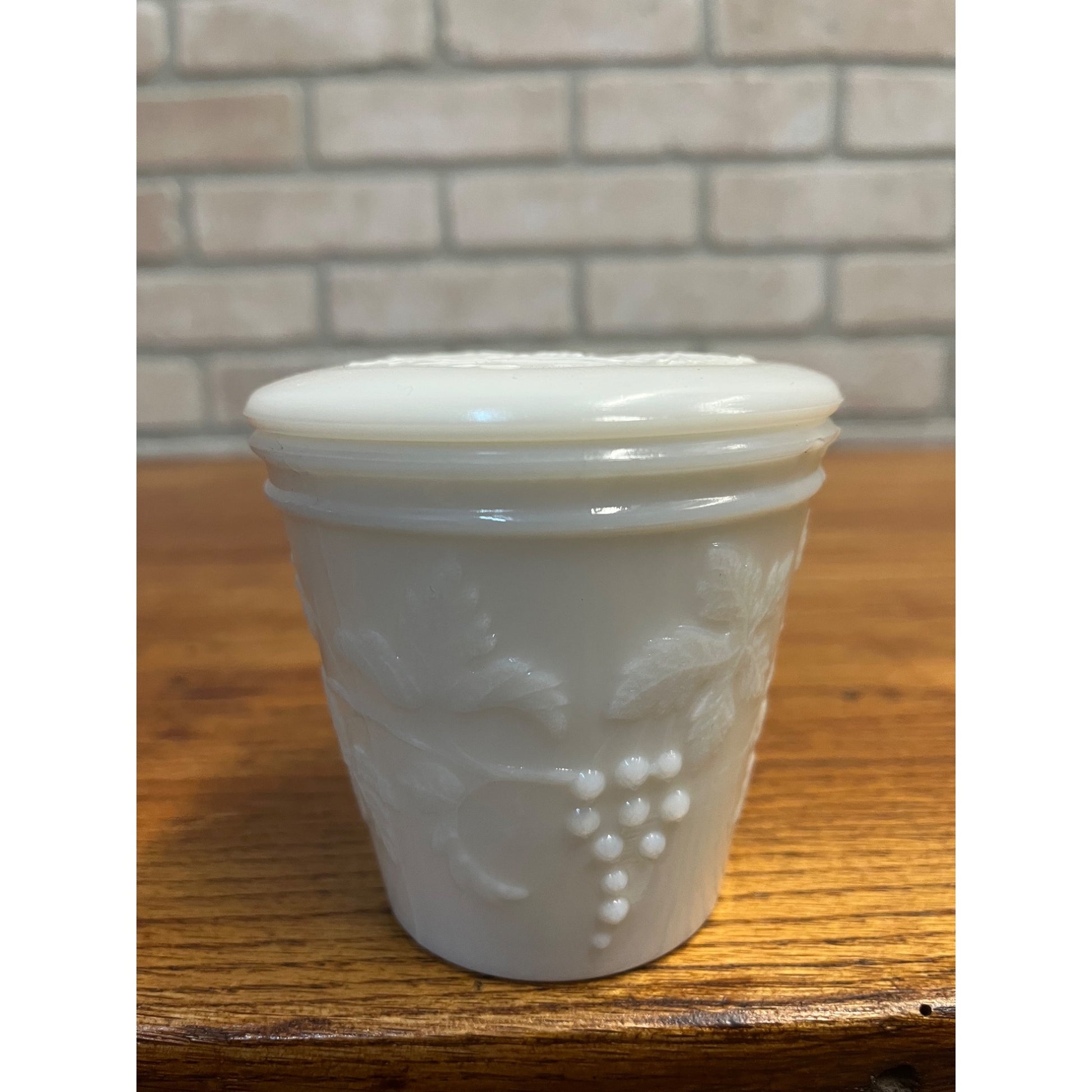 Vintage Milk Glass Embossed Grape Pattern Covered  Mustard Jar w/ Lid