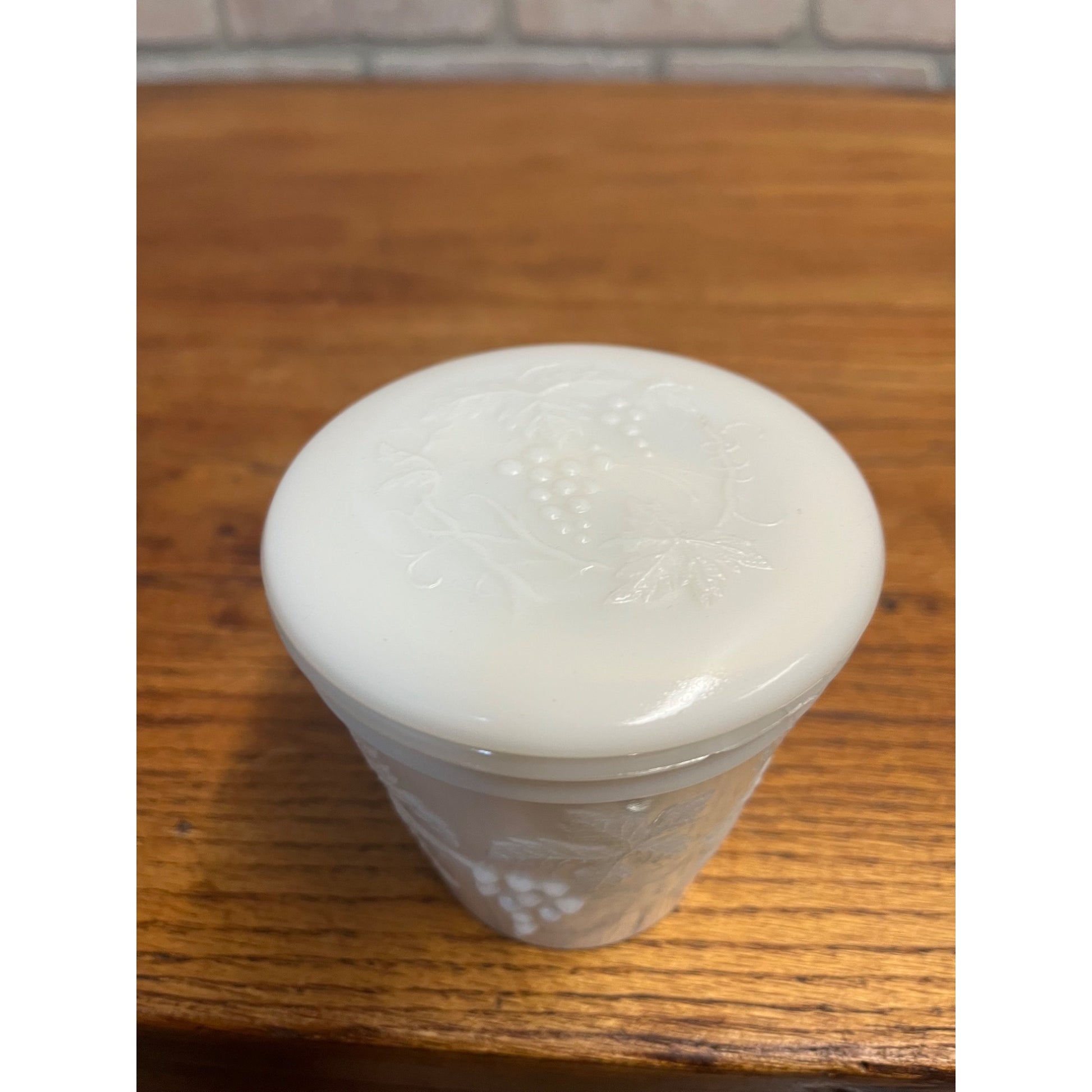 Vintage Milk Glass Embossed Grape Pattern Covered  Mustard Jar w/ Lid