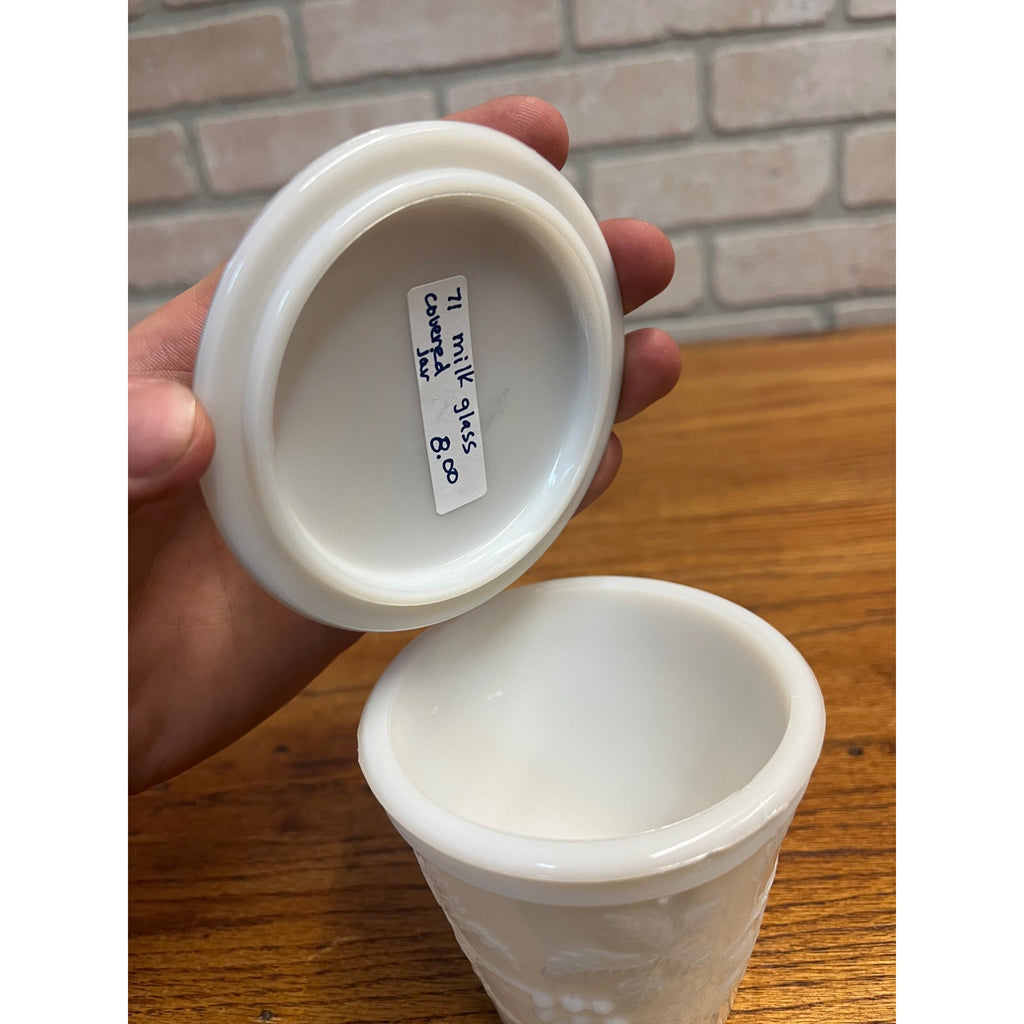Vintage Milk Glass Embossed Grape Pattern Covered  Mustard Jar w/ Lid