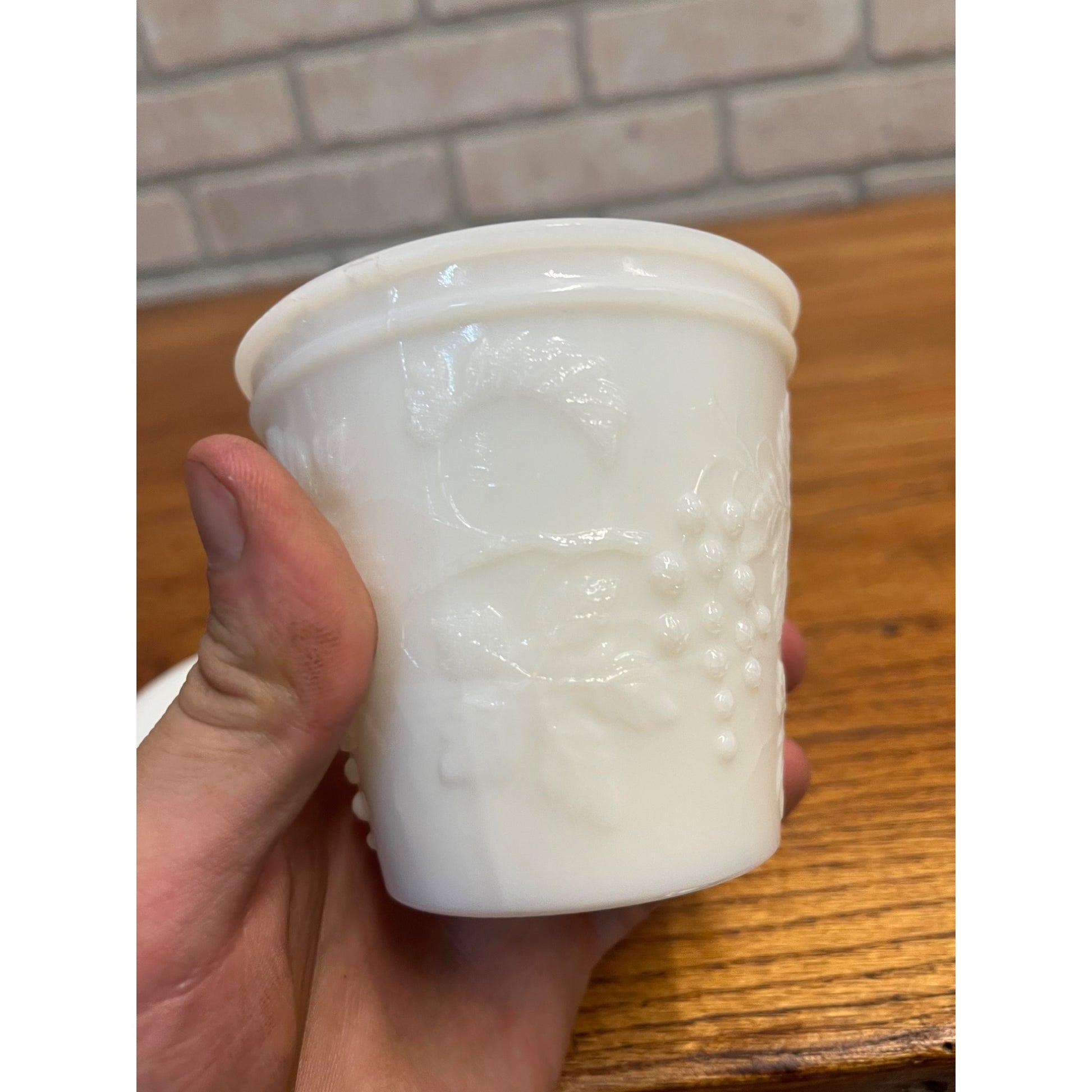 Vintage Milk Glass Embossed Grape Pattern Covered  Mustard Jar w/ Lid