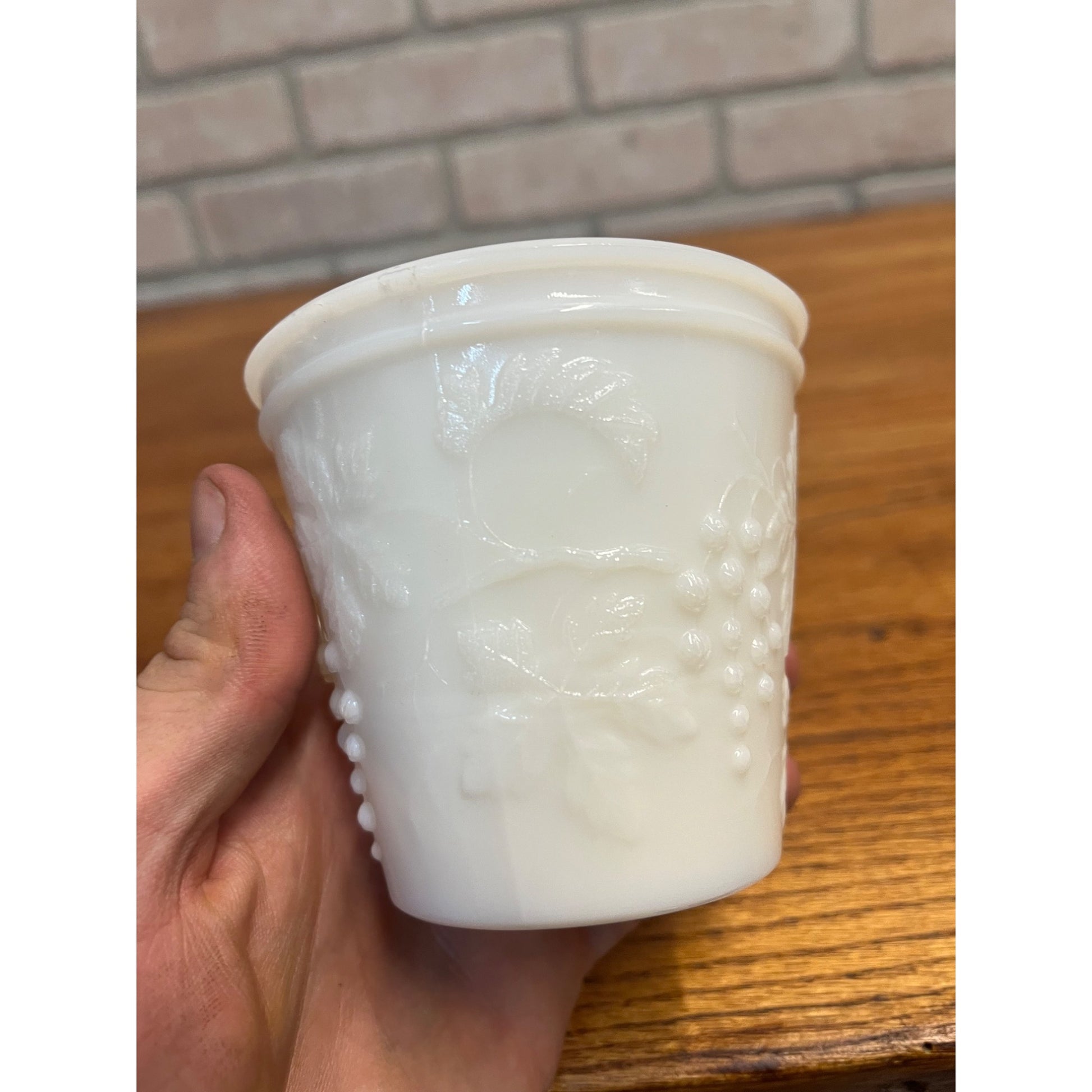 Vintage Milk Glass Embossed Grape Pattern Covered  Mustard Jar w/ Lid