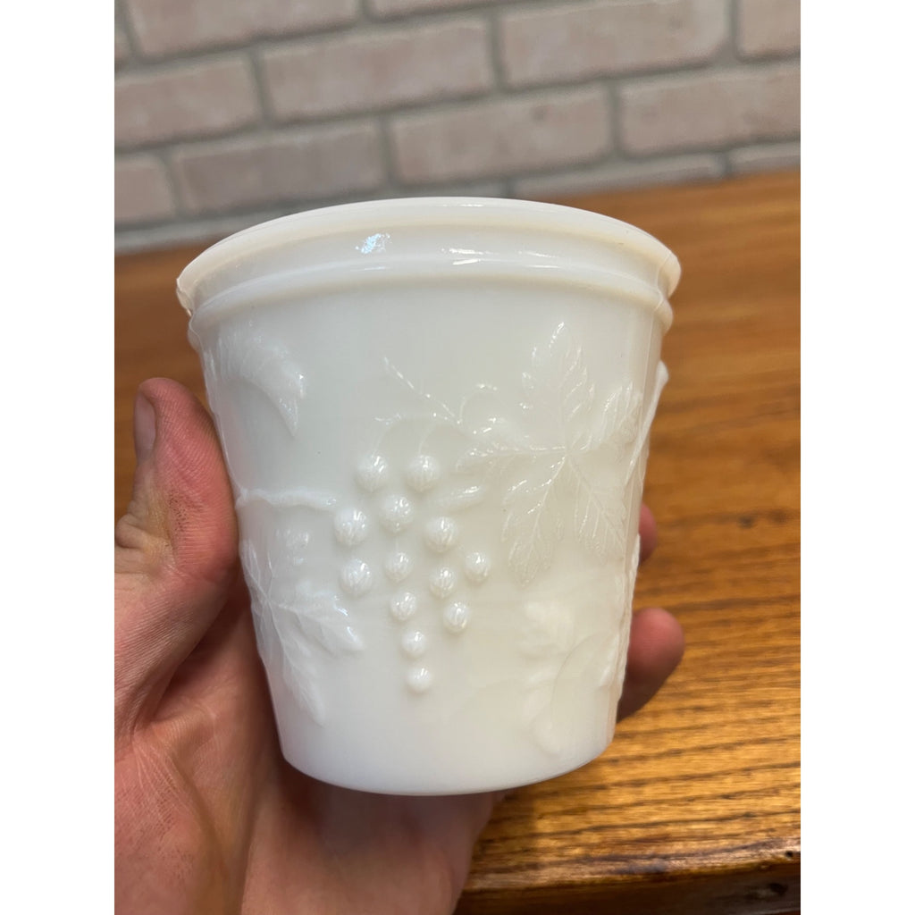 Vintage Milk Glass Embossed Grape Pattern Covered  Mustard Jar w/ Lid