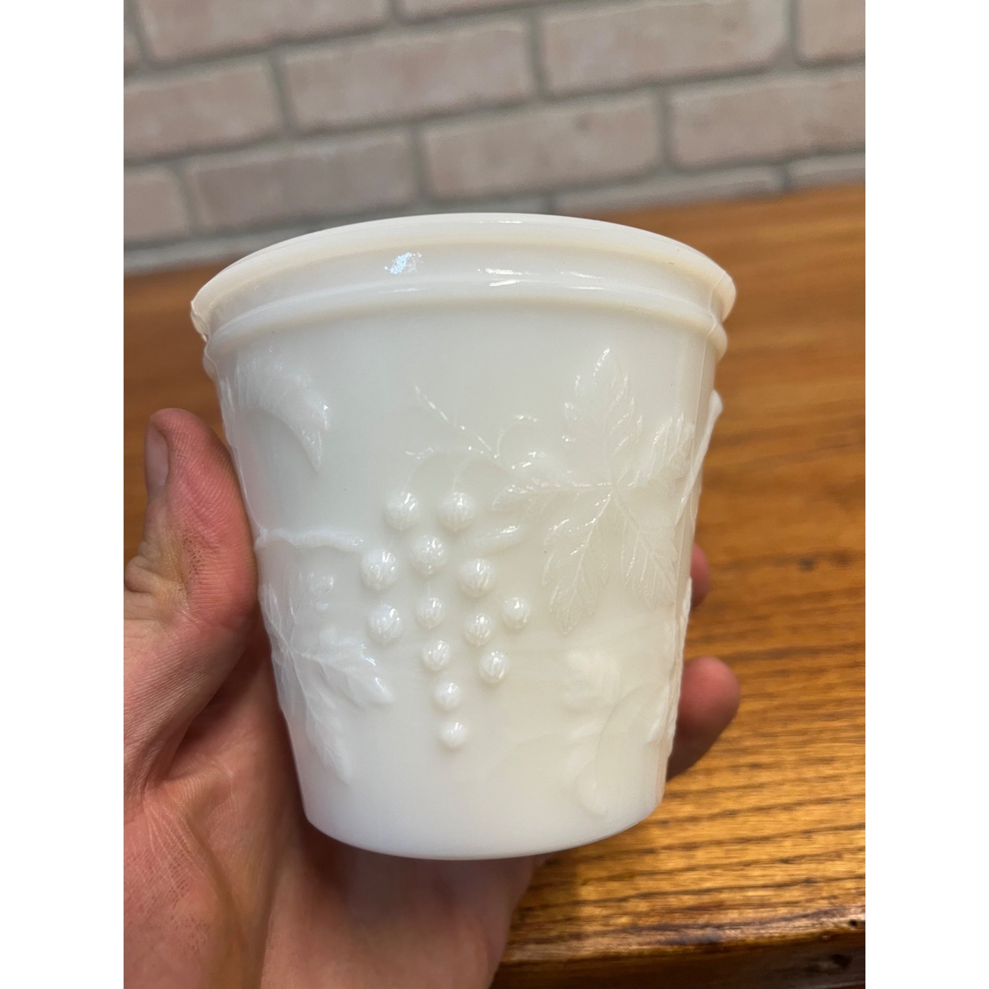 Vintage Milk Glass Embossed Grape Pattern Covered  Mustard Jar w/ Lid