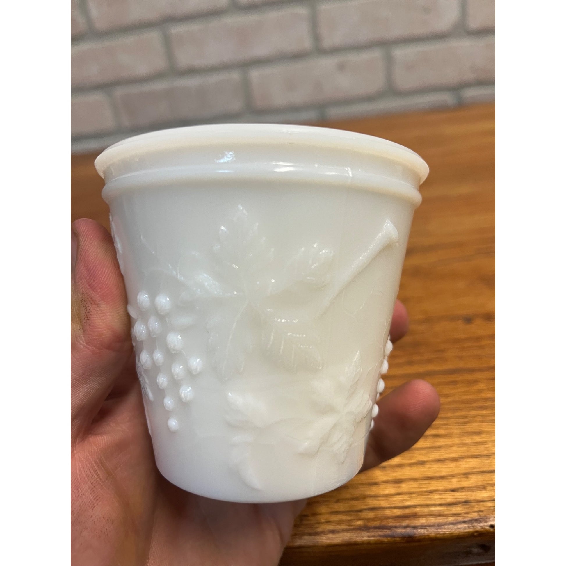 Vintage Milk Glass Embossed Grape Pattern Covered  Mustard Jar w/ Lid