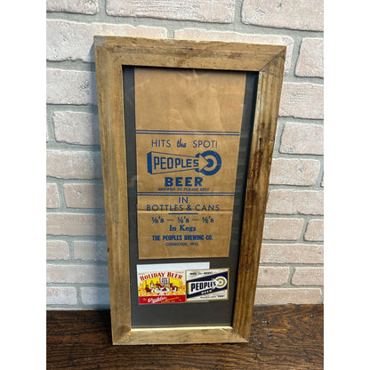 Vintage People's Brewing Co. Oshkosh Wis Framed Paper Bag + Beer Bottle Labels