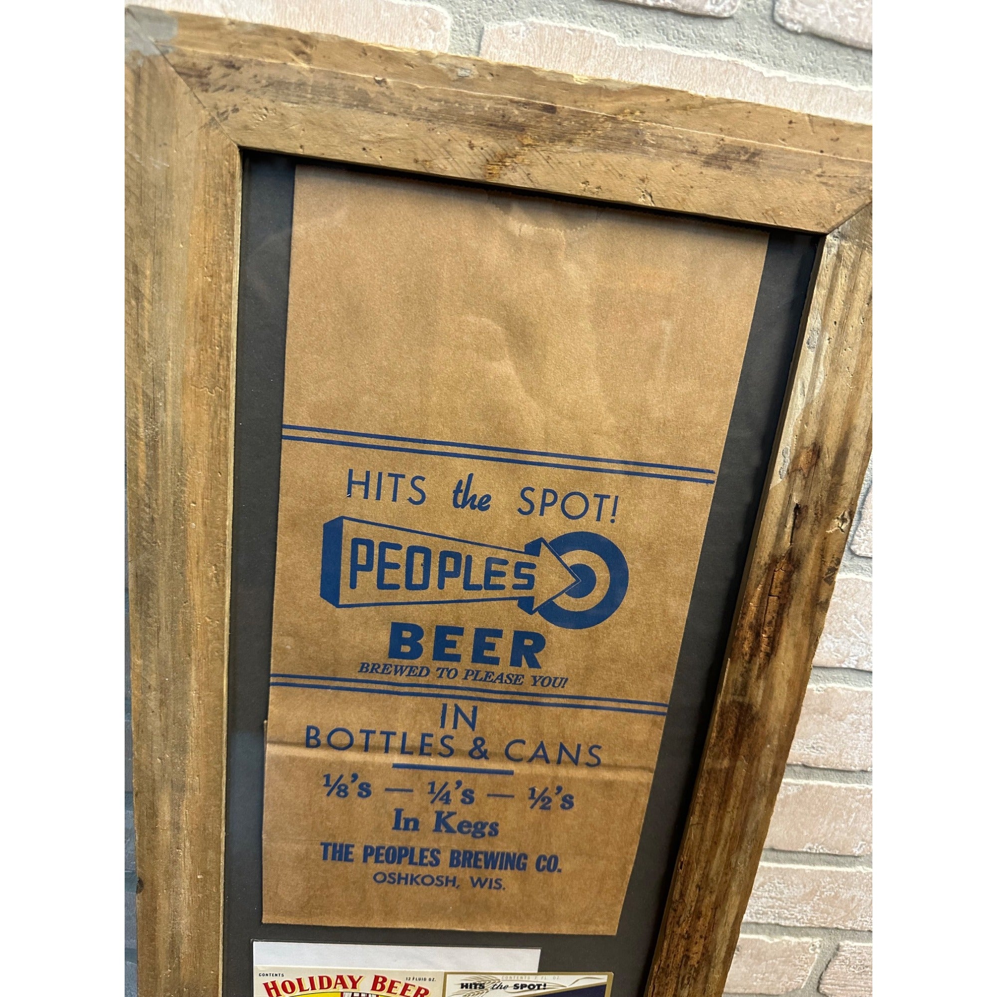 Vintage People's Brewing Co. Oshkosh Wis Framed Paper Bag + Beer Bottle Labels