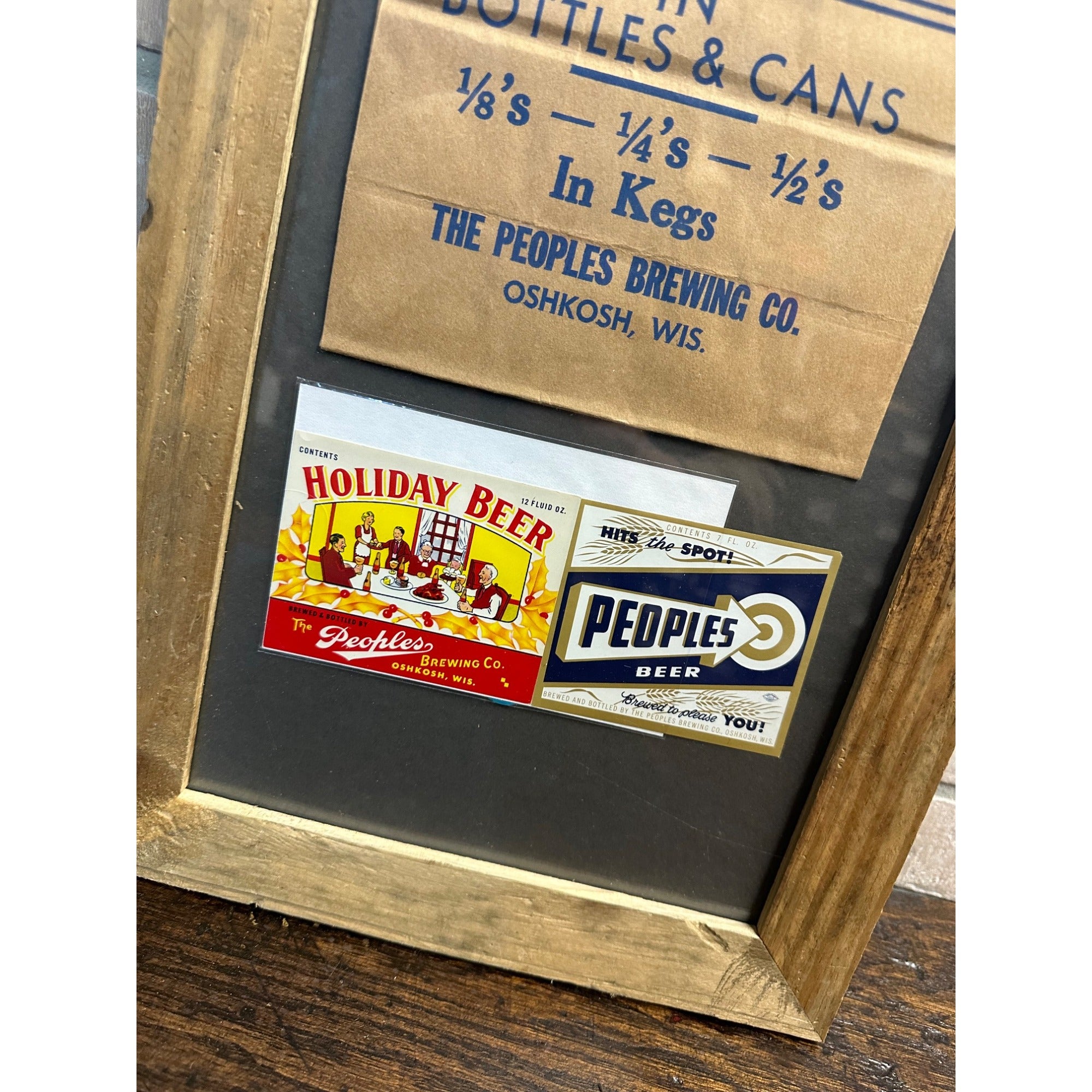 Vintage People's Brewing Co. Oshkosh Wis Framed Paper Bag + Beer Bottle Labels