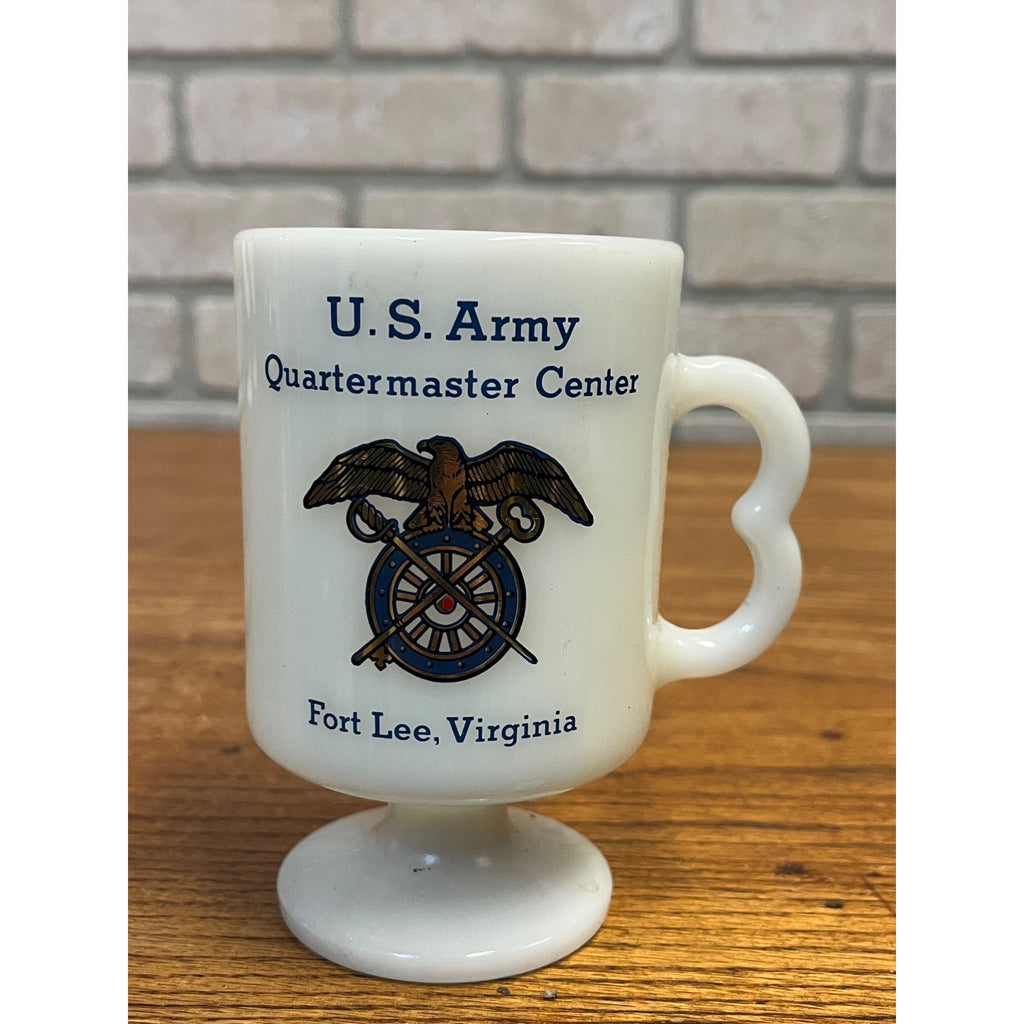 Vintage US Army Quartermaster Center Fort Lee Virginia White Milk Glass Mug 70s