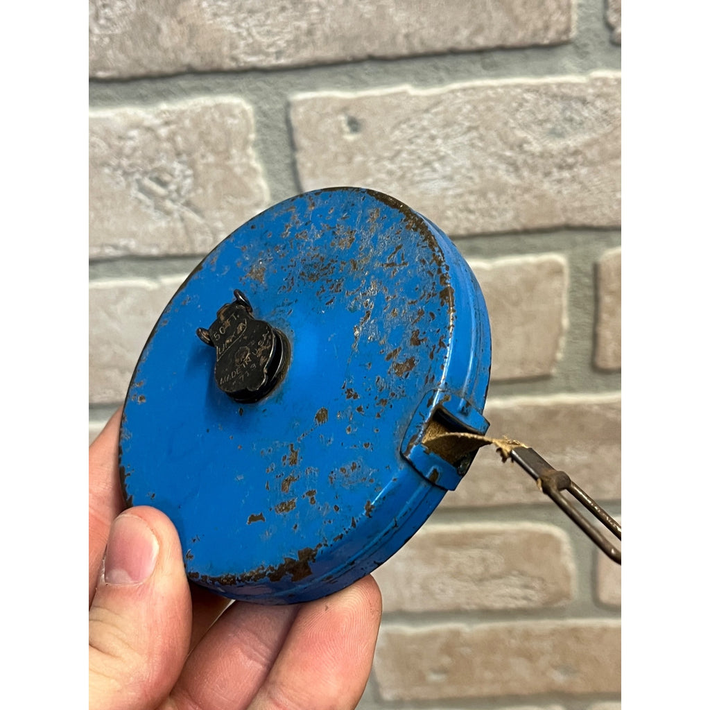 Vintage Lufkin 50ft Woven Cloth Reel Tape Measure Blue Metal Case #713