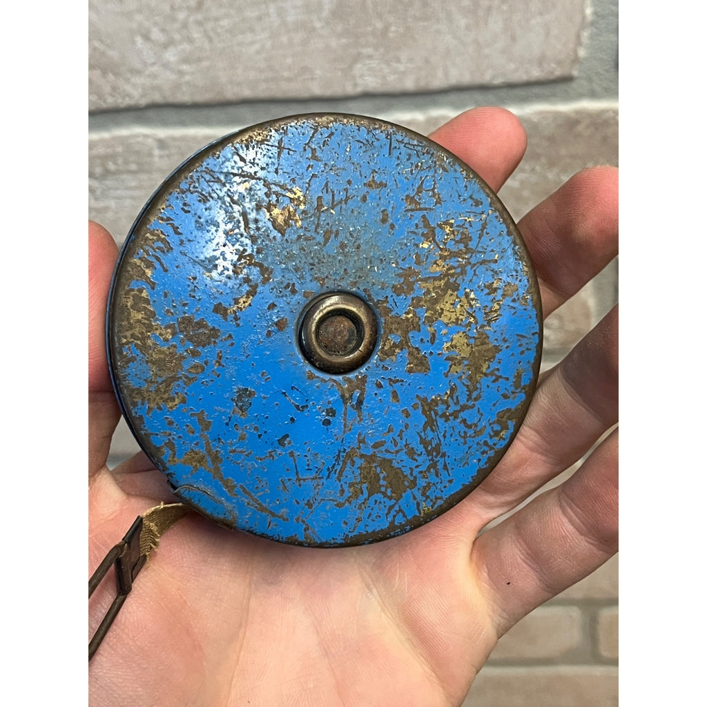 Vintage Lufkin 50ft Woven Cloth Reel Tape Measure Blue Metal Case #713