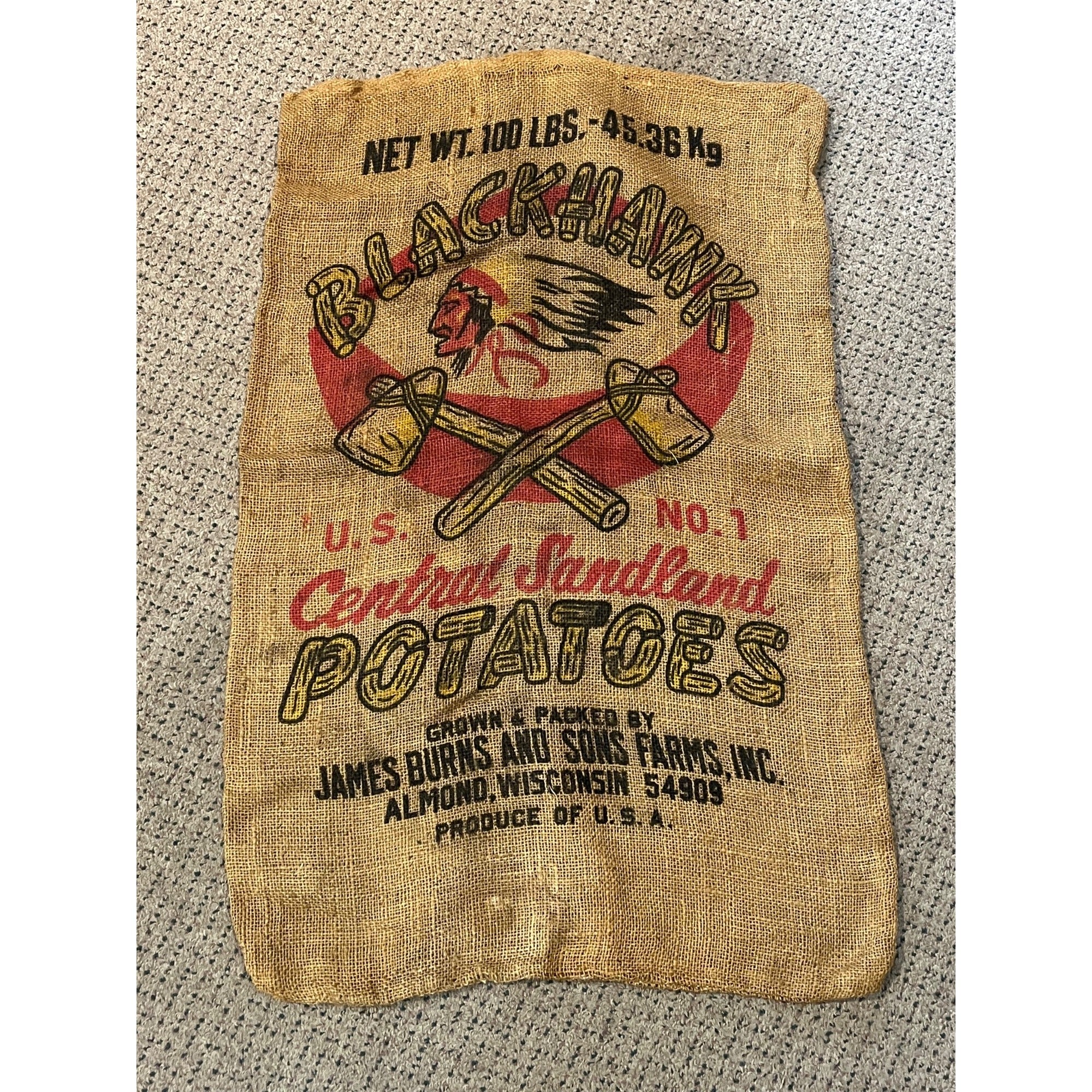 Vintage Blackhawk Chief Axes Potatoes James Burns Almond Wisconsin burlap sack