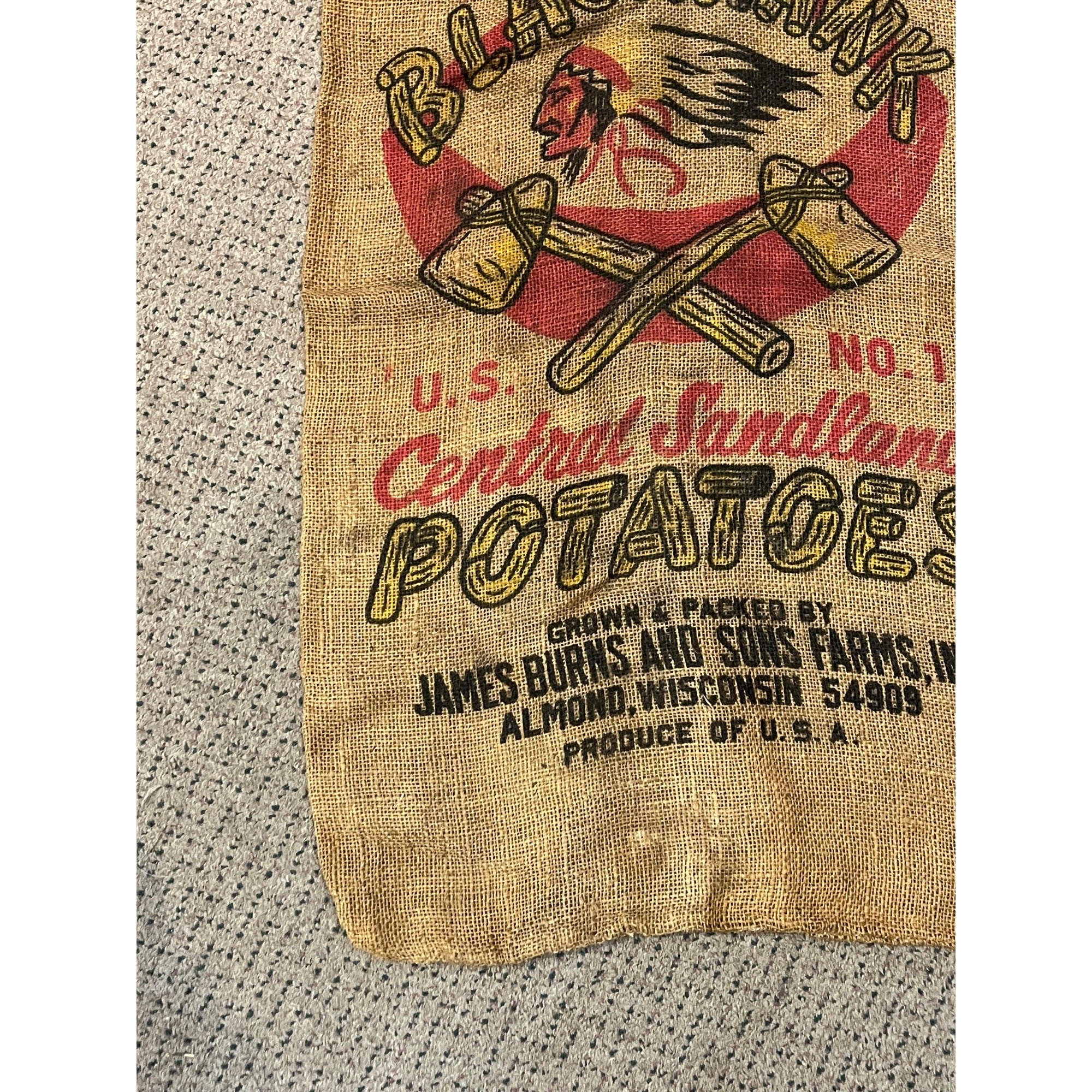 Vintage Blackhawk Chief Axes Potatoes James Burns Almond Wisconsin burlap sack