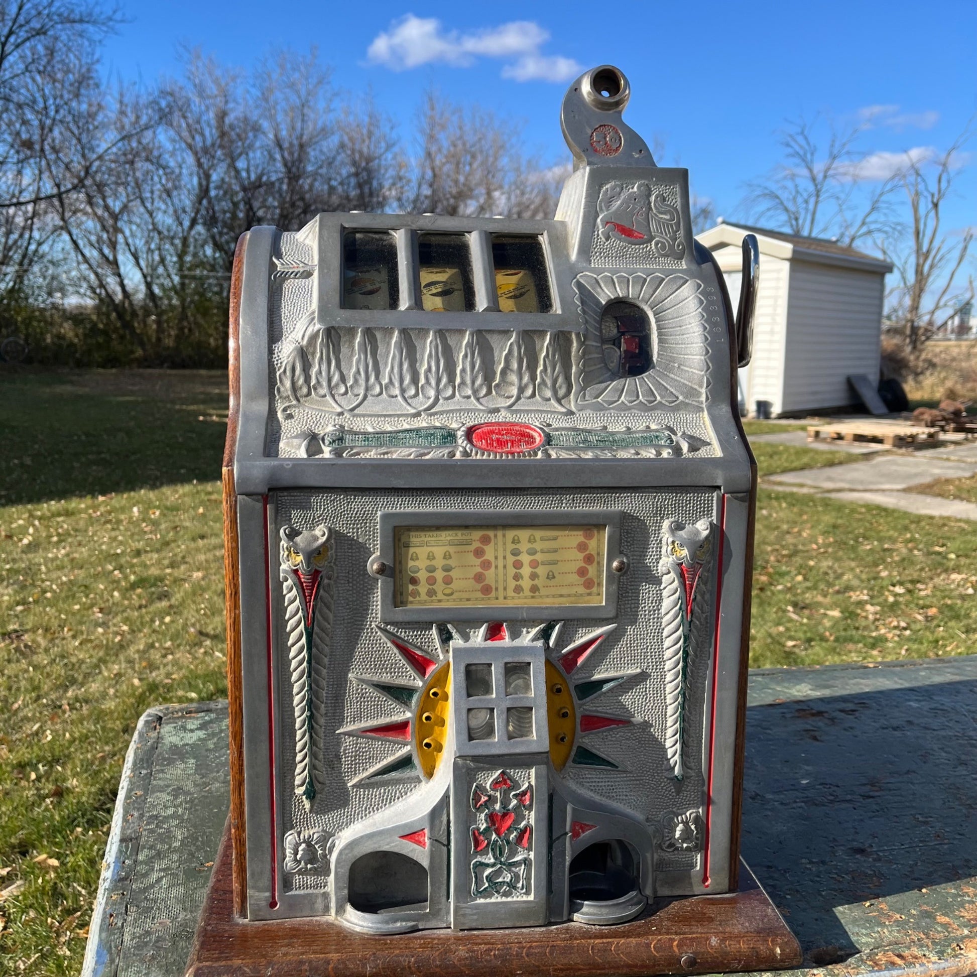 Antique c1925 Mills 5 Cent Owl Operators Bell Art Deco Gooseneck Slot Machine