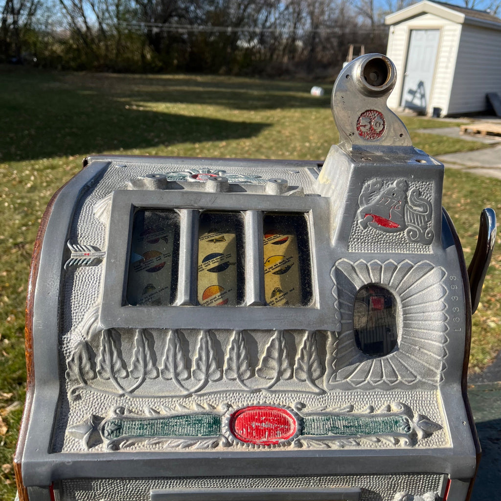 Antique c1925 Mills 5 Cent Owl Operators Bell Art Deco Gooseneck Slot Machine