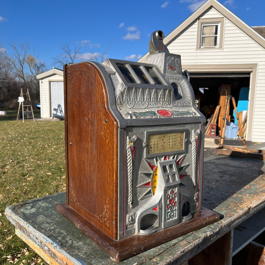 Antique c1925 Mills 5 Cent Owl Operators Bell Art Deco Gooseneck Slot Machine
