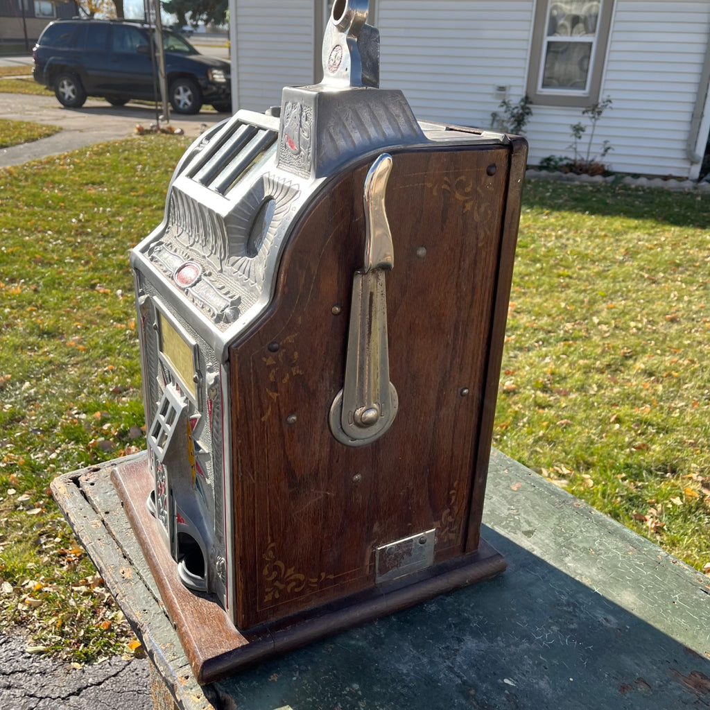 Antique c1925 Mills 5 Cent Owl Operators Bell Art Deco Gooseneck Slot Machine