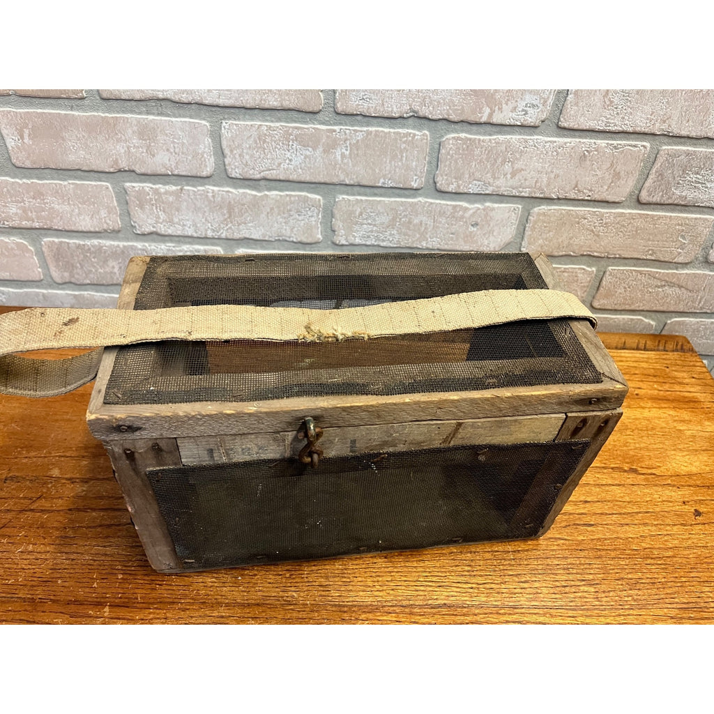 Antique Wooden Cricket Fishing Bait Box Wire Screen Carrier Primitive Cage Handmade 1920s Cabin Decor